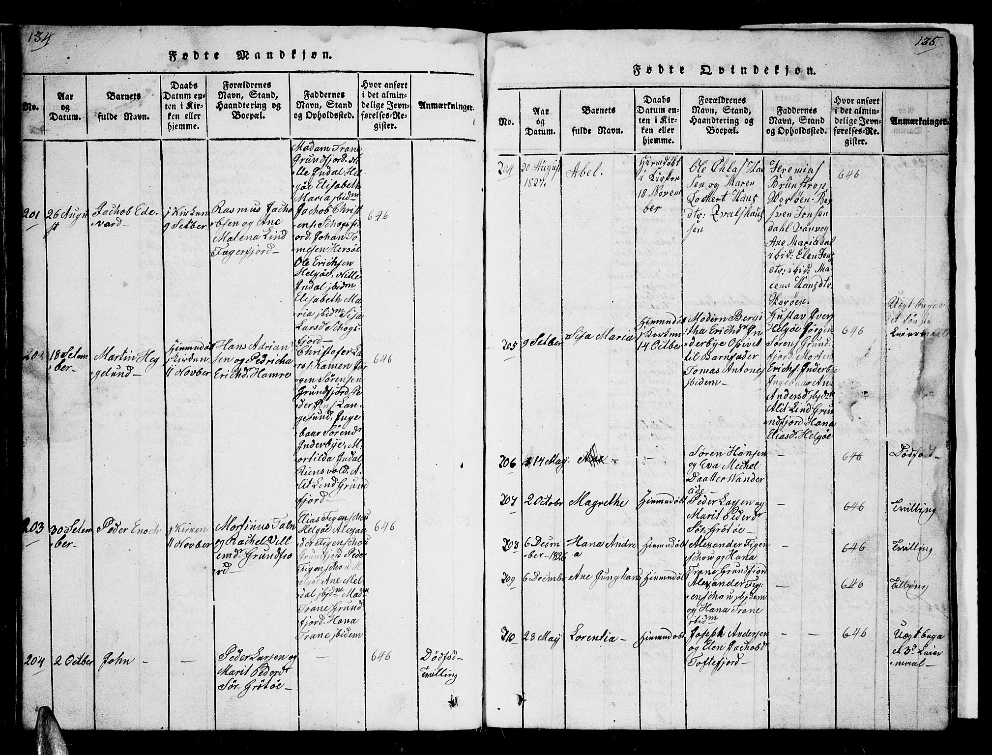 Karlsøy sokneprestembete, AV/SATØ-S-1299/H/Ha/Hab/L0001klokker: Klokkerbok nr. 1, 1821-1840, s. 134-135