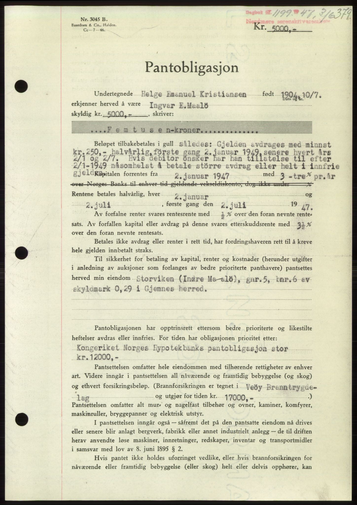 Nordmøre sorenskriveri, SAT/A-4132/1/2/2Ca: Pantebok nr. B96, 1947-1947, Dagboknr: 1199/1947