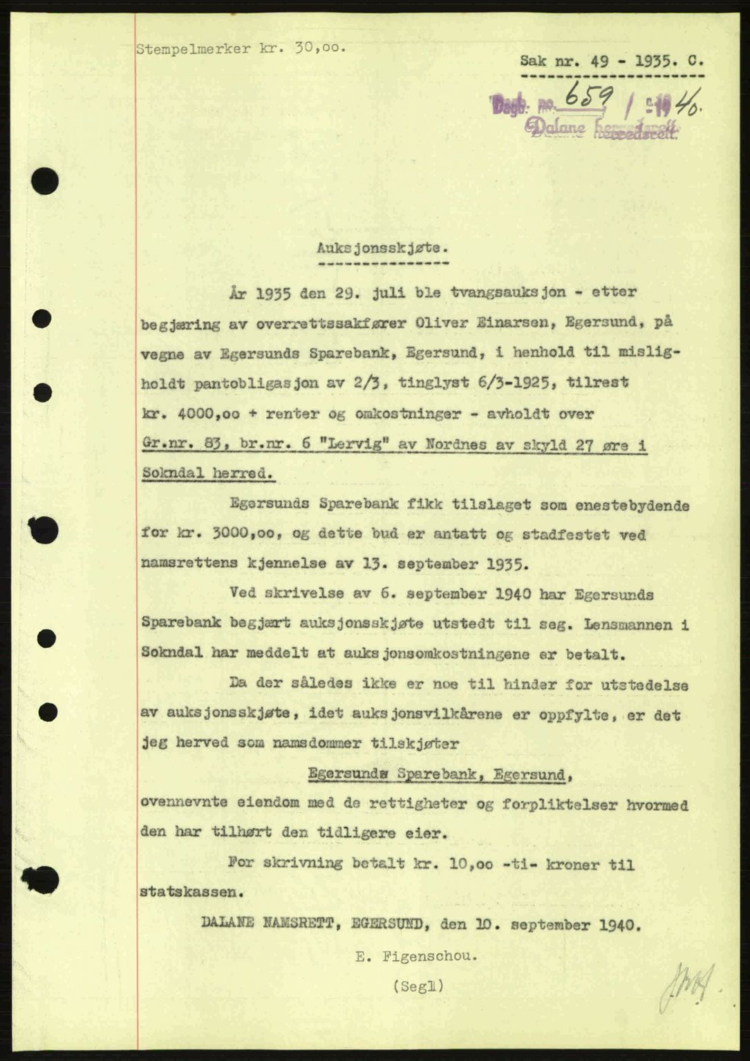 Dalane sorenskriveri, SAST/A-100309/02/G/Gb/L0044: Pantebok nr. A5, 1940-1941, Dagboknr: 659/1940