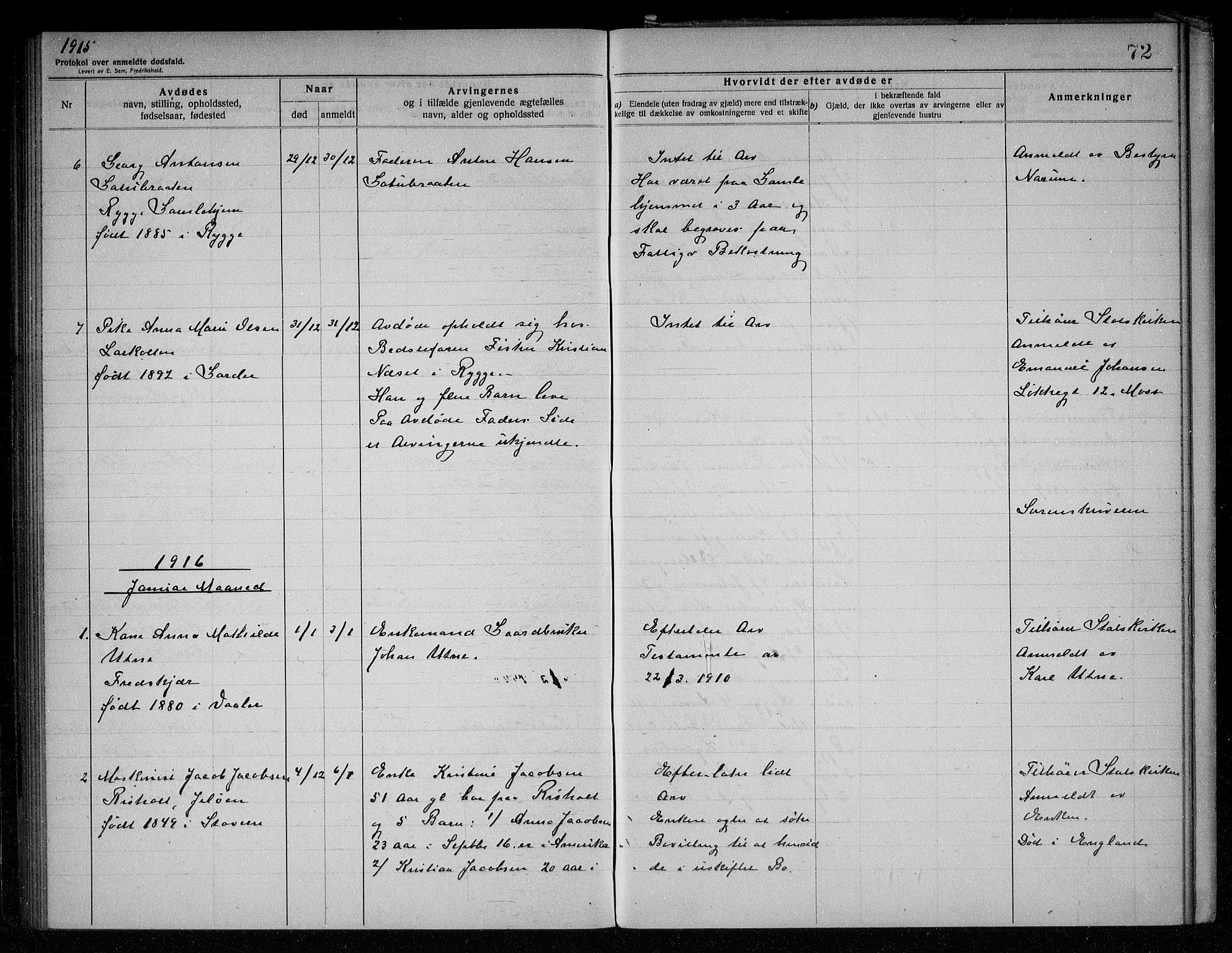 Rygge lensmannskontor, SAO/A-10005/H/Ha/Haa/L0005: Dødsfallsprotokoll, 1912-1916, s. 72
