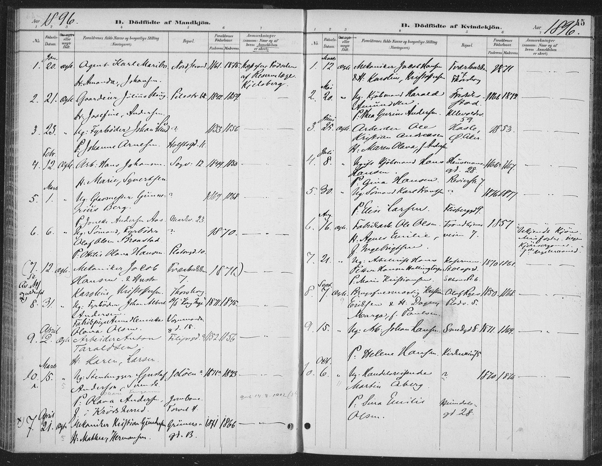 Rikshospitalet prestekontor Kirkebøker, AV/SAO-A-10309b/F/L0010: Ministerialbok nr. 10, 1888-1912, s. 45