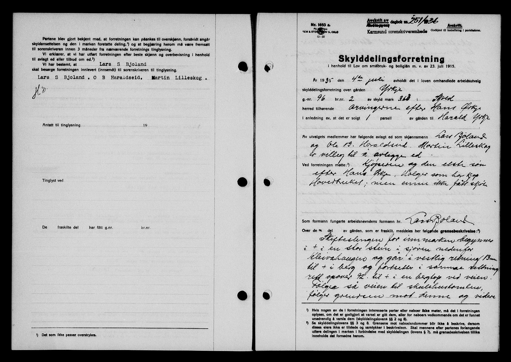 Karmsund sorenskriveri, SAST/A-100311/01/II/IIB/L0066: Pantebok nr. 47A, 1936-1936, Dagboknr: 251/1936