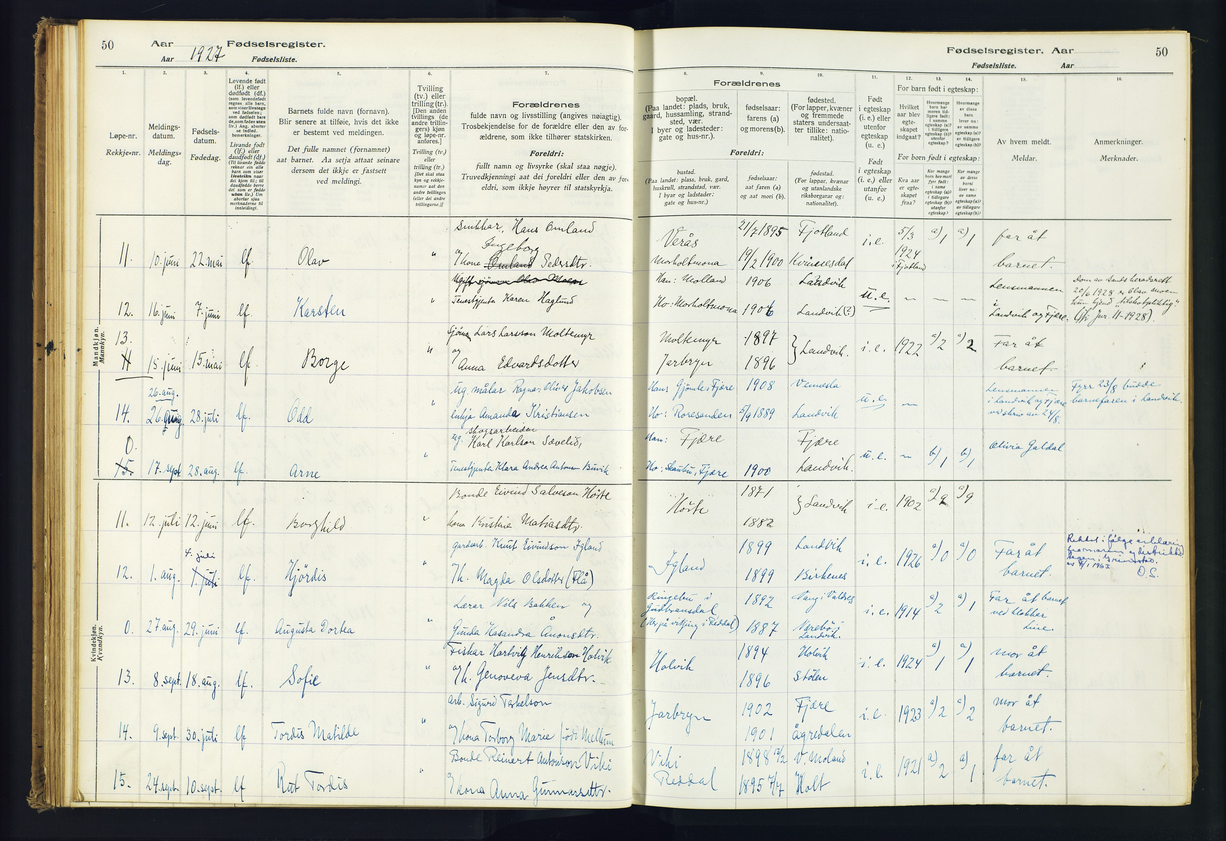 Hommedal sokneprestkontor, AV/SAK-1111-0023/J/Jd/L0001: Fødselsregister nr. 1, 1916-1962, s. 50