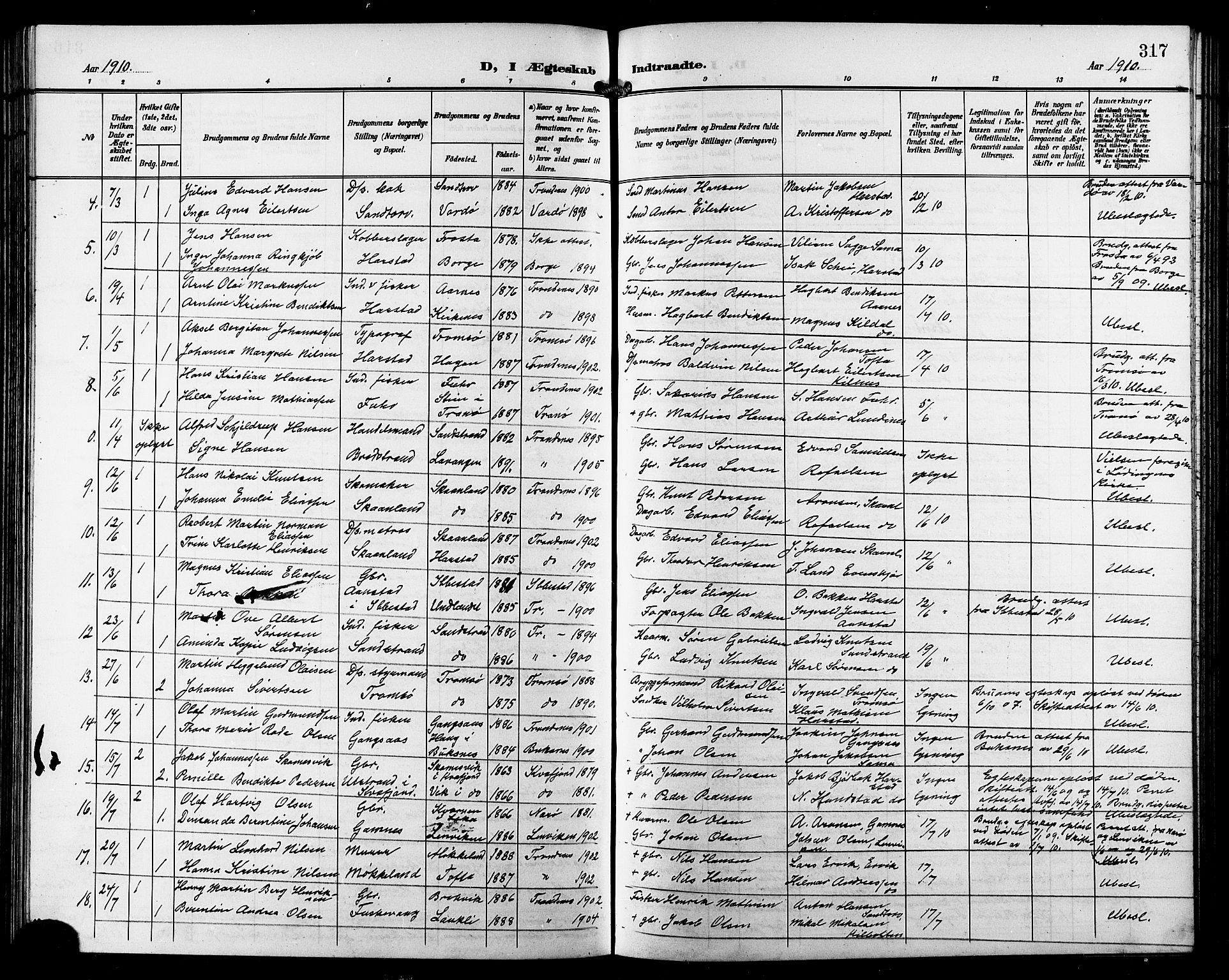Trondenes sokneprestkontor, AV/SATØ-S-1319/H/Hb/L0012klokker: Klokkerbok nr. 12, 1907-1916, s. 317