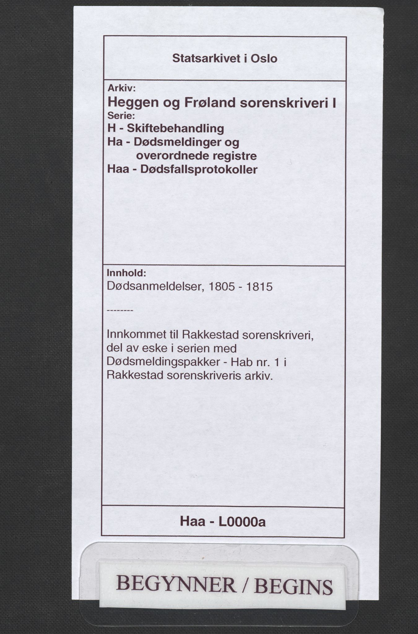 Rakkestad sorenskriveri, AV/SAO-A-10686/H/Ha/Hab/L0001: Dødsmeldingspakker, 1805-1815