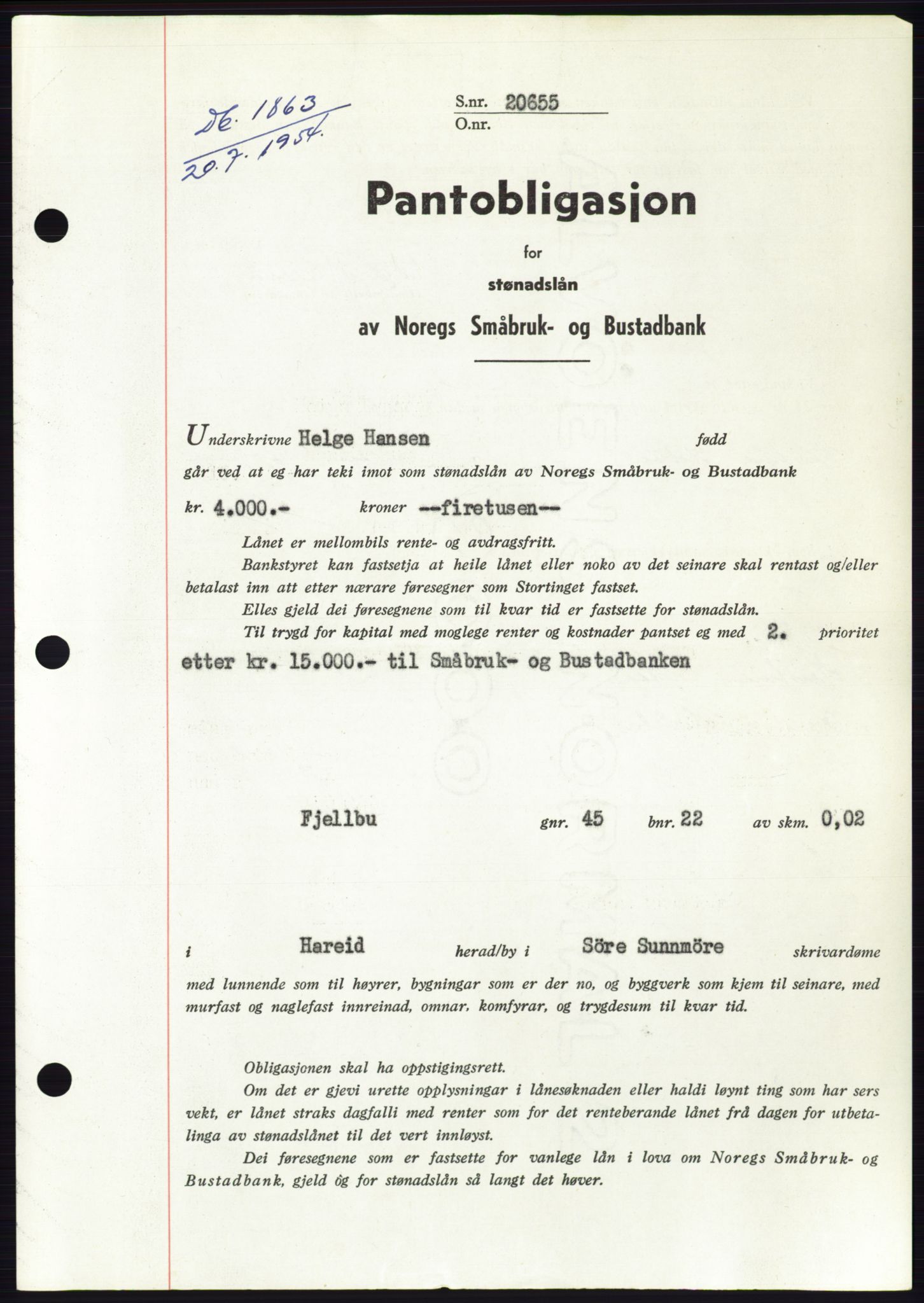 Søre Sunnmøre sorenskriveri, SAT/A-4122/1/2/2C/L0125: Pantebok nr. 13B, 1954-1954, Dagboknr: 1863/1954
