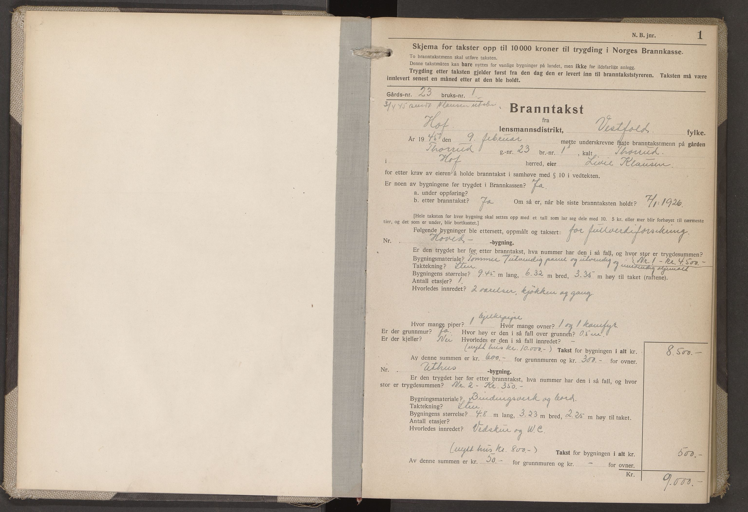 Hof lensmannskontor, AV/SAKO-A-537/Y/Yd/Ydb/L0004: Skjematakstprotokoll, 1945-1955