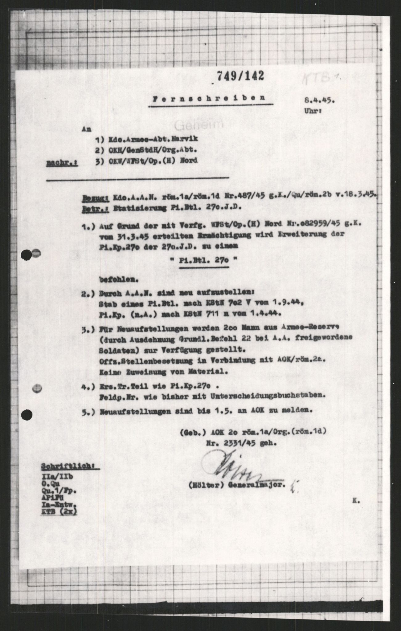 Forsvarets Overkommando. 2 kontor. Arkiv 11.4. Spredte tyske arkivsaker, AV/RA-RAFA-7031/D/Dar/Dara/L0009: Krigsdagbøker for 20. Gebirgs-Armee-Oberkommando (AOK 20), 1940-1945, s. 144