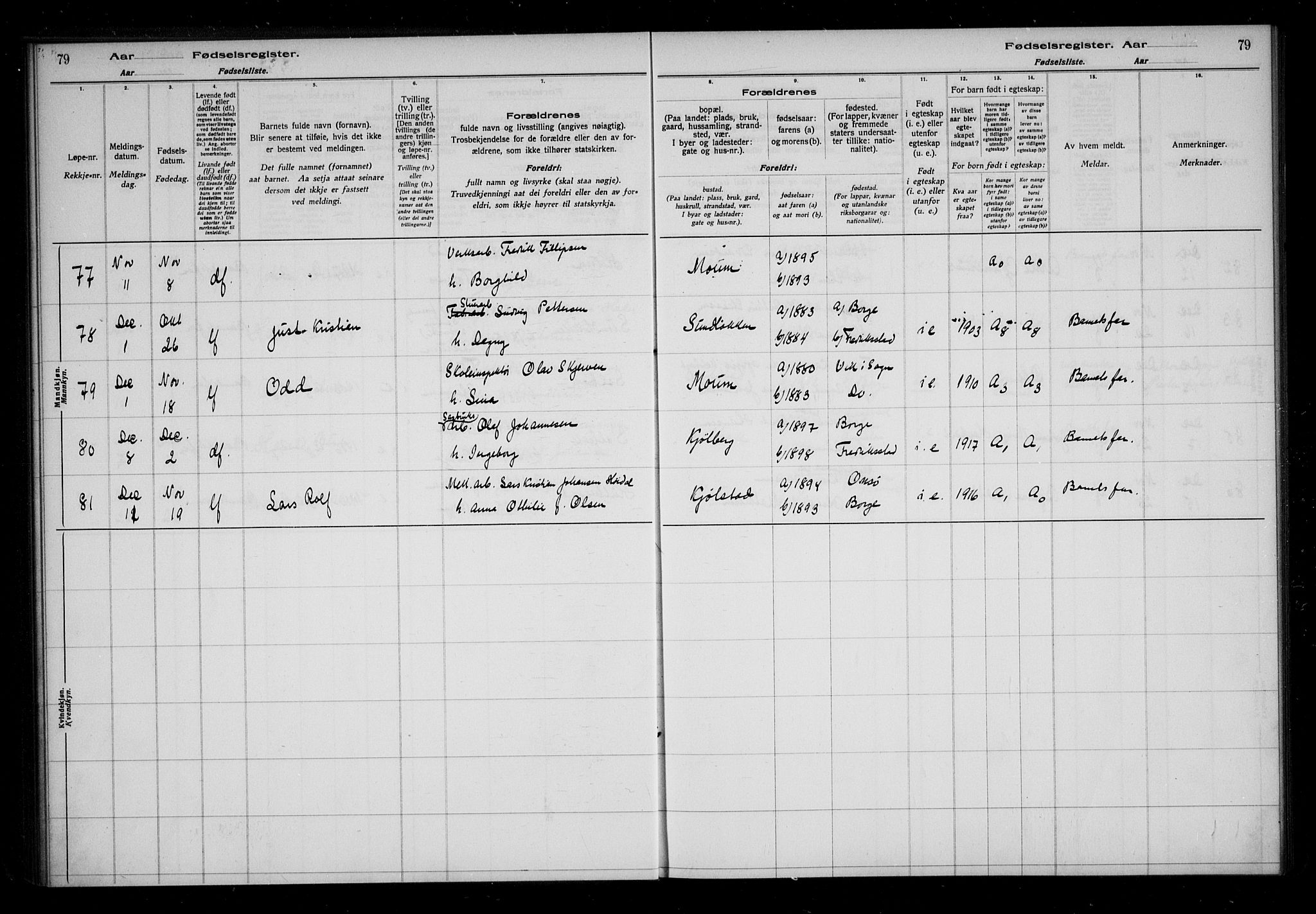 Borge prestekontor Kirkebøker, AV/SAO-A-10903/J/Ja/L0001: Fødselsregister nr. I 1, 1916-1925, s. 79