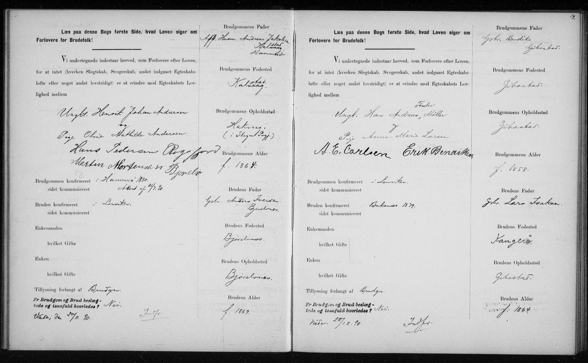 Lenvik sokneprestembete, AV/SATØ-S-1310/I/Ie/L0129: Lysningsprotokoll nr. 129, 1890-1895, s. 19