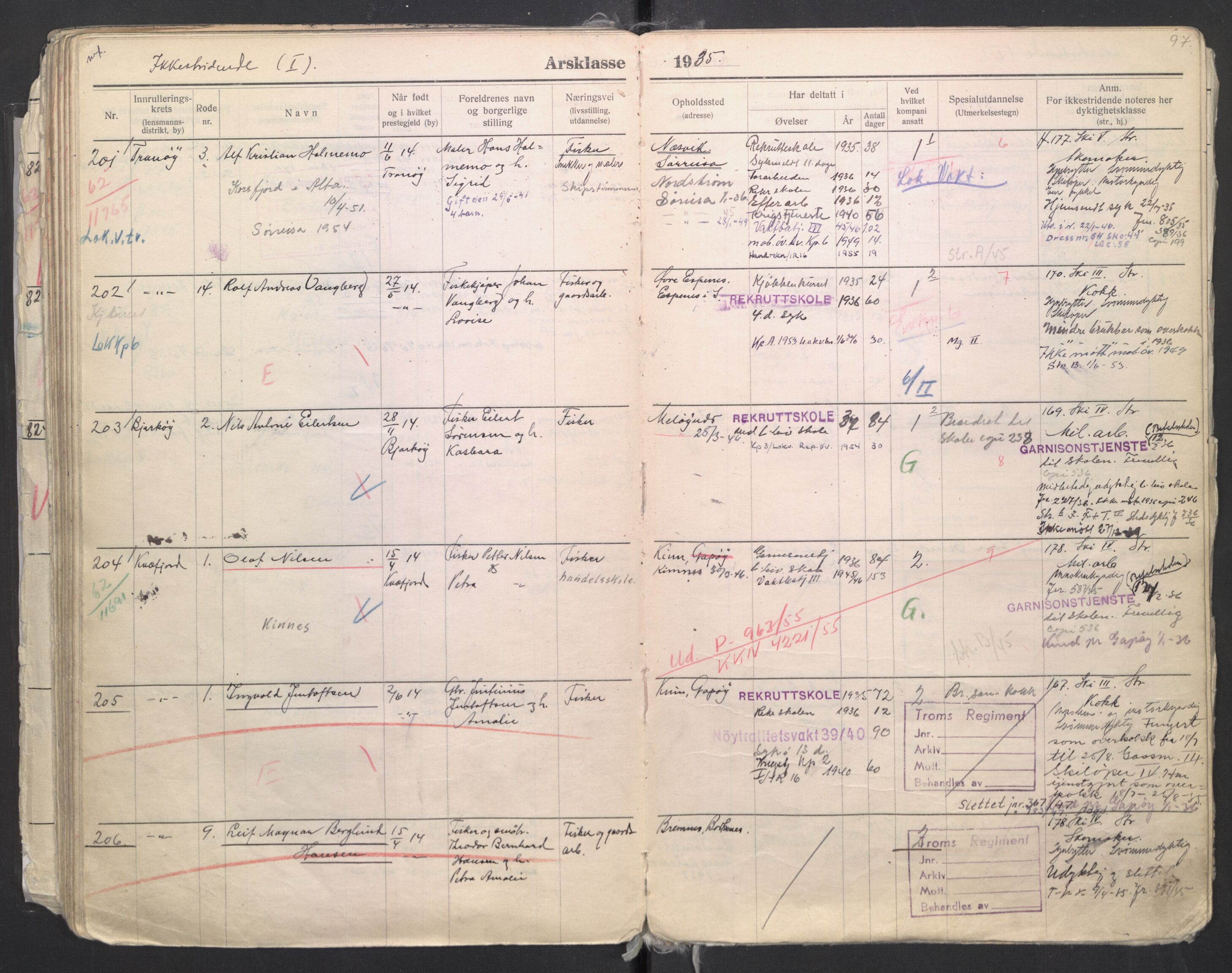 Forsvaret, Troms infanteriregiment nr. 16, AV/RA-RAFA-3146/P/Pa/L0006/0008: Ruller / Rulle for regimentets menige mannskaper, årsklasse 1935, 1935, s. 97