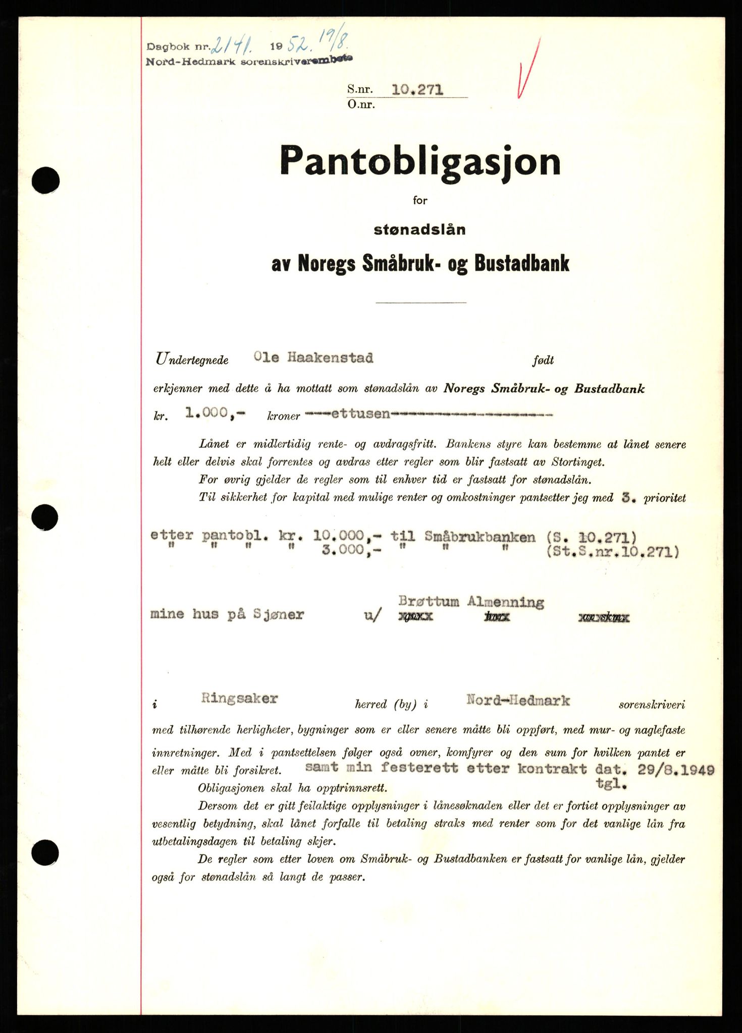 Nord-Hedmark sorenskriveri, SAH/TING-012/H/Hb/Hbf/L0025: Pantebok nr. B25, 1952-1952, Dagboknr: 2141/1952