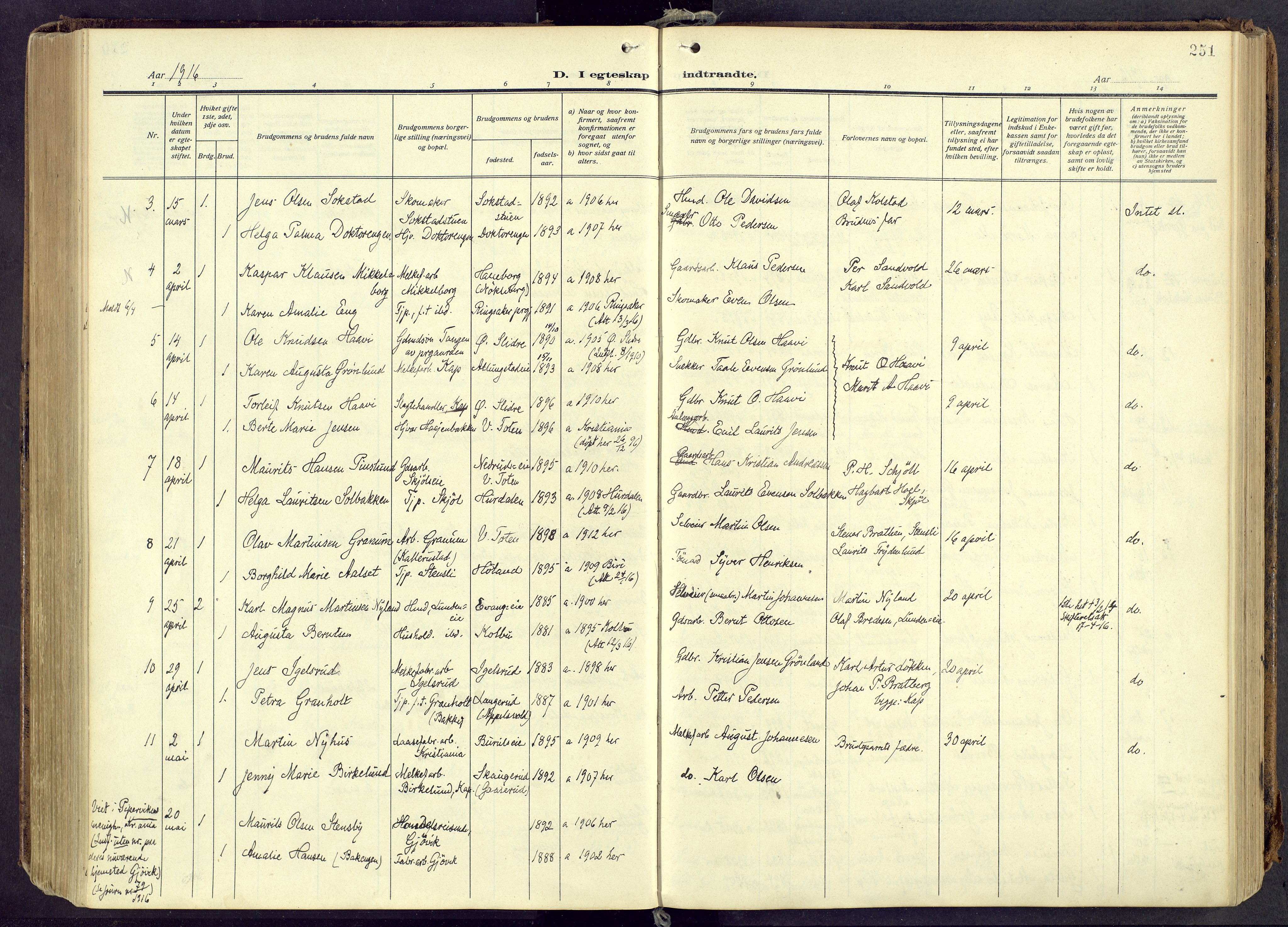 Østre Toten prestekontor, AV/SAH-PREST-104/H/Ha/Haa/L0010: Ministerialbok nr. 10, 1910-1920, s. 251