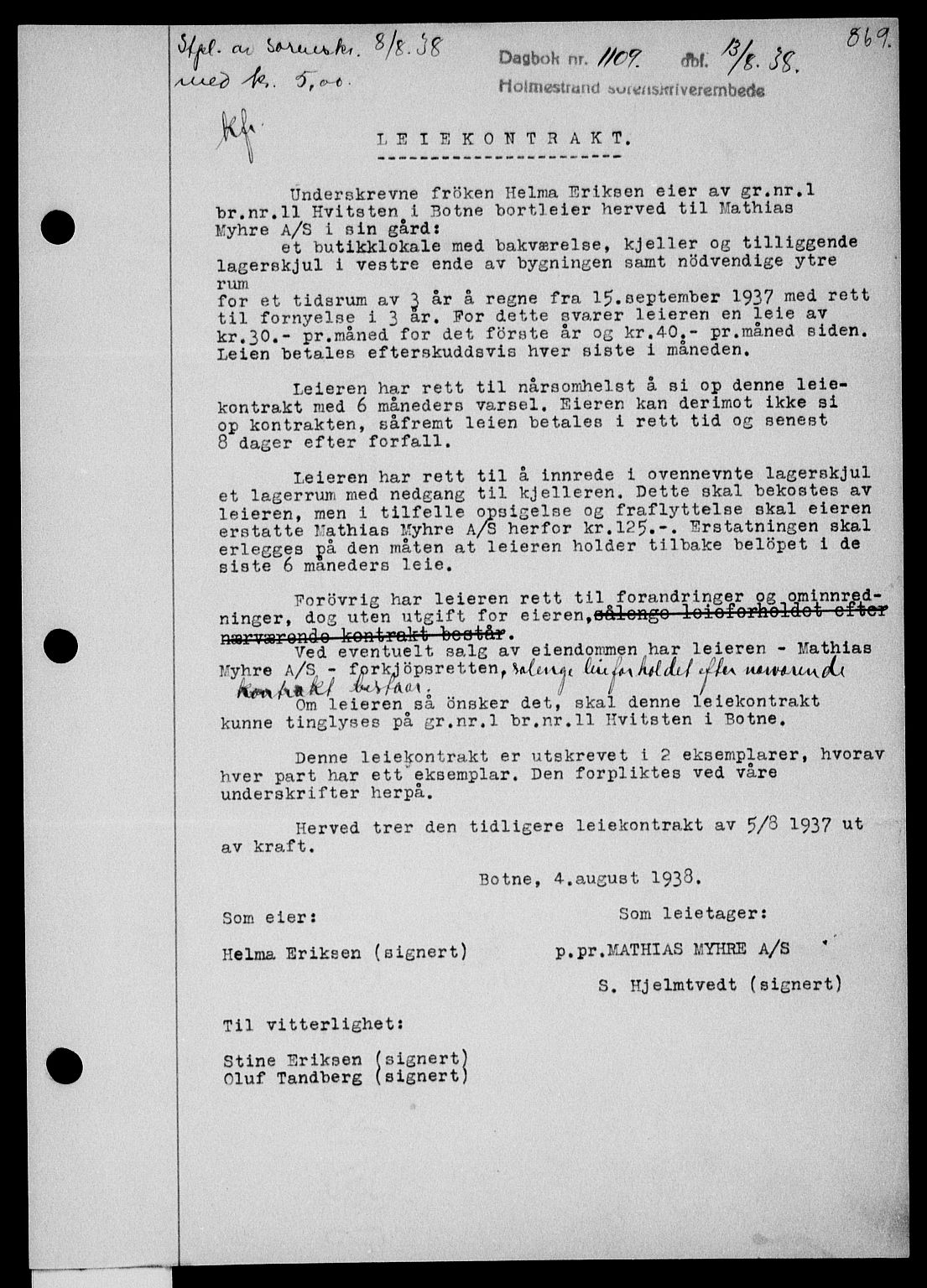 Holmestrand sorenskriveri, SAKO/A-67/G/Ga/Gaa/L0049: Pantebok nr. A-49, 1937-1938, Dagboknr: 1109/1938