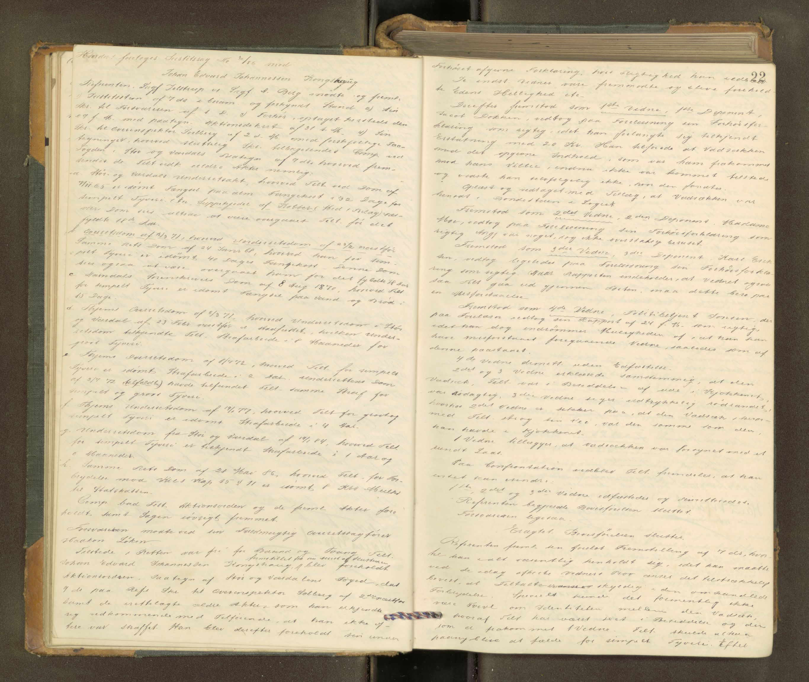 Trondheim byfogd, AV/SAT-A-0003/1/1/1B/L0025: Ekstrarettsprotokoll - 17/11-16/12., 1885-1889, s. 21b-22a