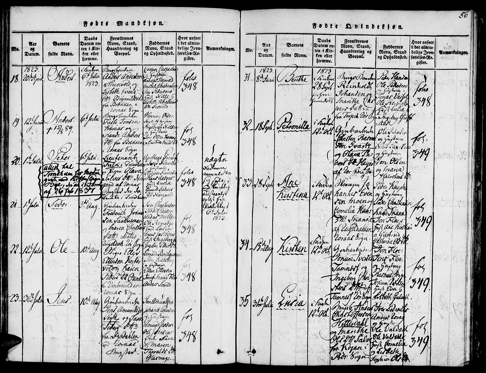 Ministerialprotokoller, klokkerbøker og fødselsregistre - Sør-Trøndelag, SAT/A-1456/681/L0929: Ministerialbok nr. 681A07, 1817-1828, s. 56