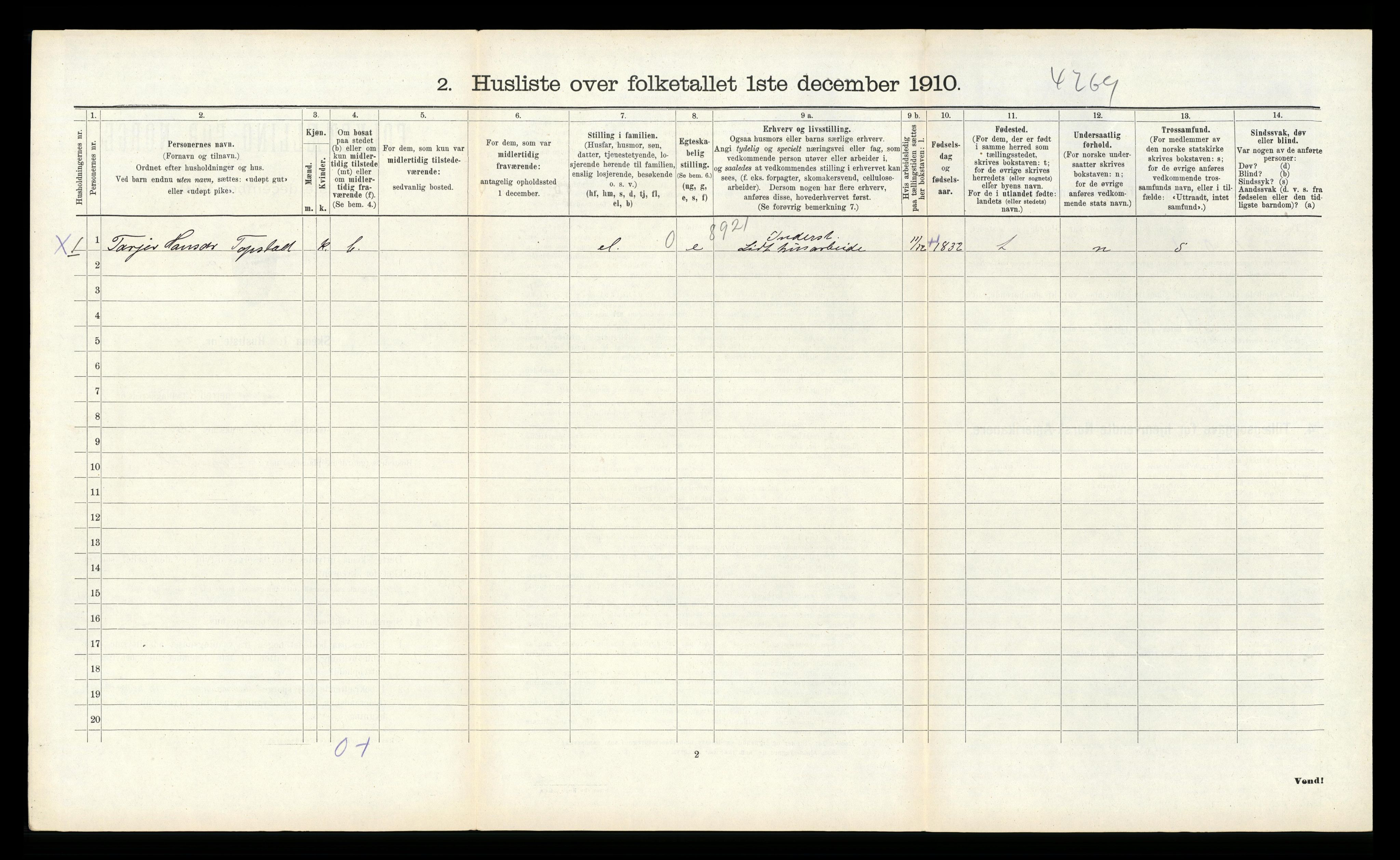 RA, Folketelling 1910 for 1016 Øvrebø herred, 1910, s. 190