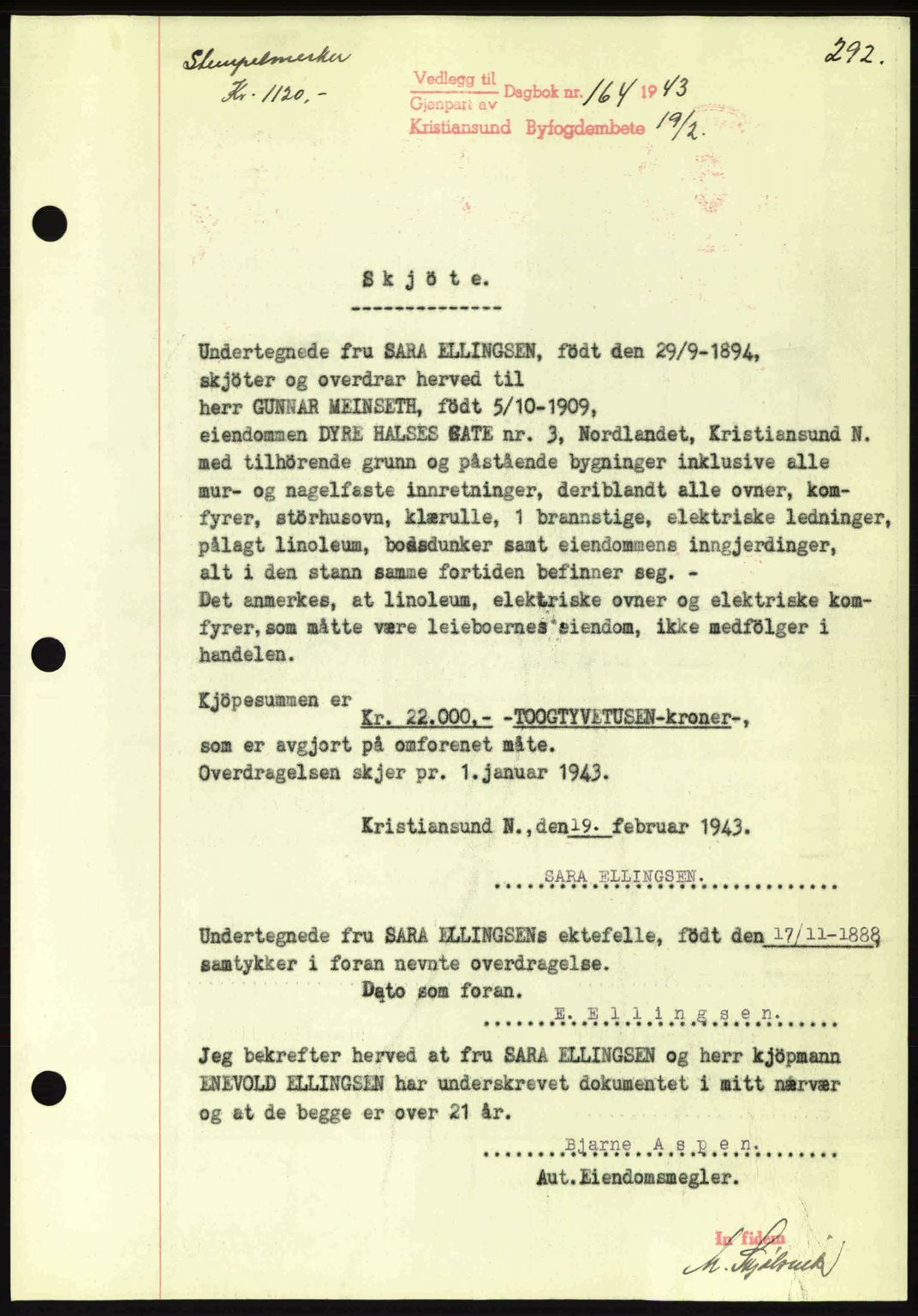 Kristiansund byfogd, AV/SAT-A-4587/A/27: Pantebok nr. 34, 1941-1945, Dagboknr: 164/1943