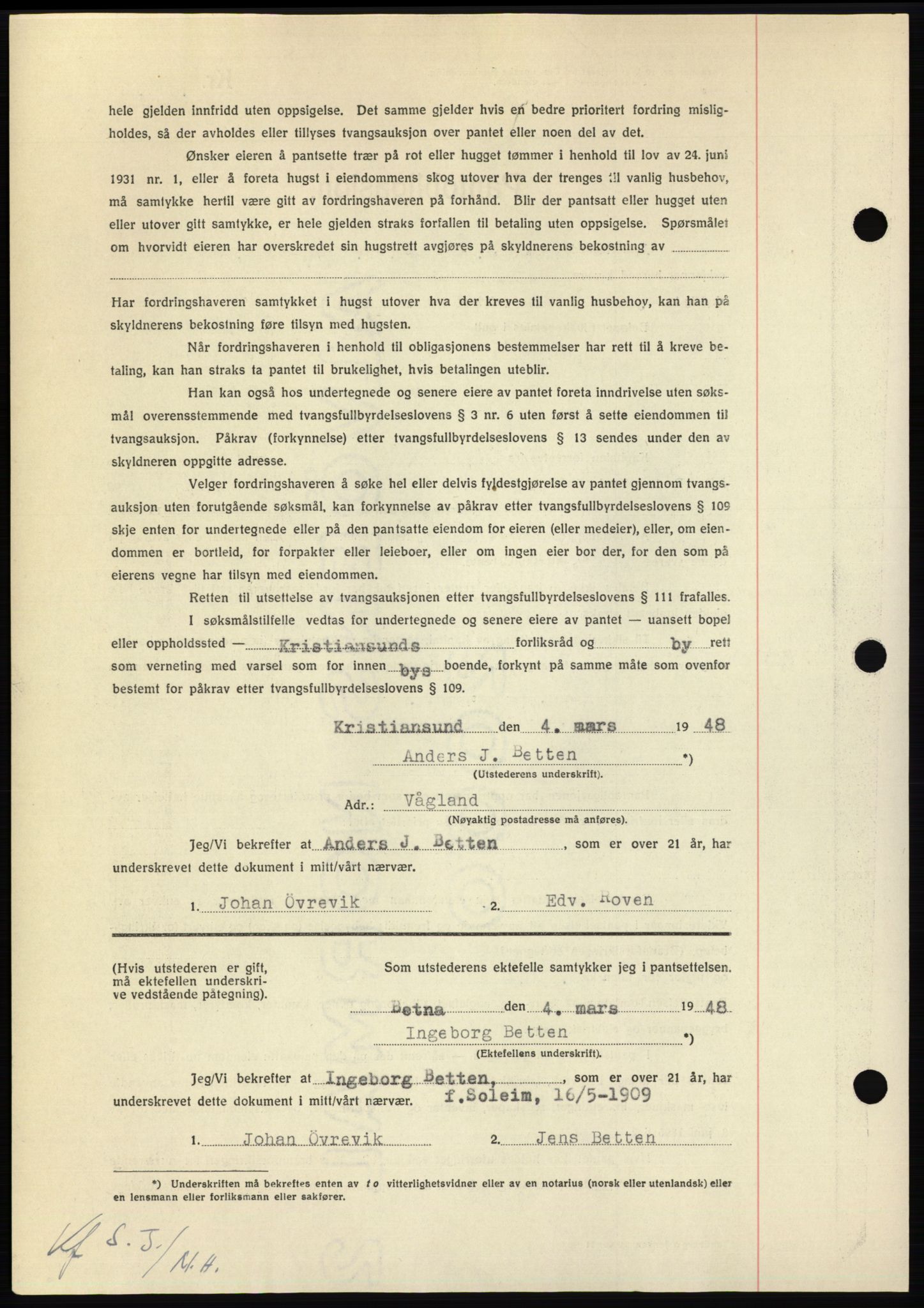 Nordmøre sorenskriveri, AV/SAT-A-4132/1/2/2Ca: Pantebok nr. B98, 1948-1948, Dagboknr: 634/1948