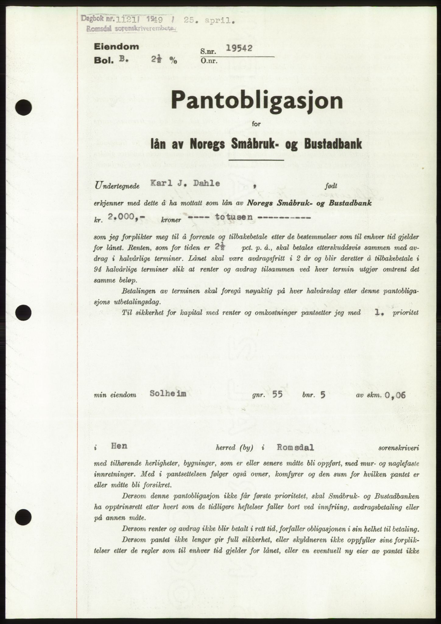 Romsdal sorenskriveri, SAT/A-4149/1/2/2C: Pantebok nr. B4, 1948-1949, Dagboknr: 1121/1949