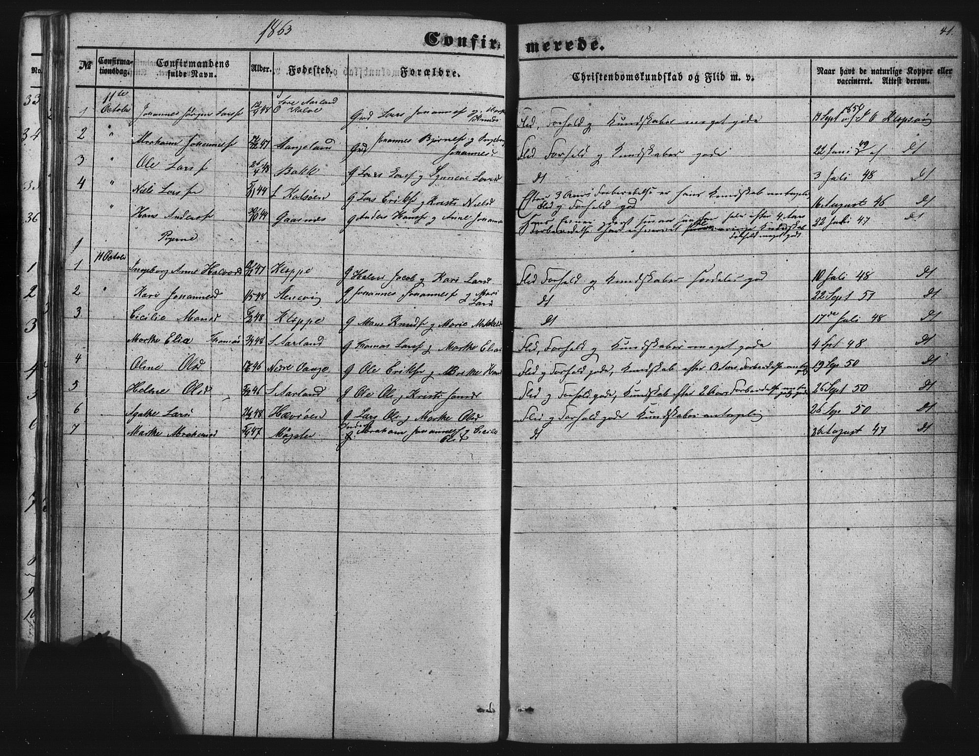 Austevoll sokneprestembete, AV/SAB-A-74201/H/Ha/Hab/Habb/L0001: Klokkerbok nr. B 1, 1852-1864, s. 41