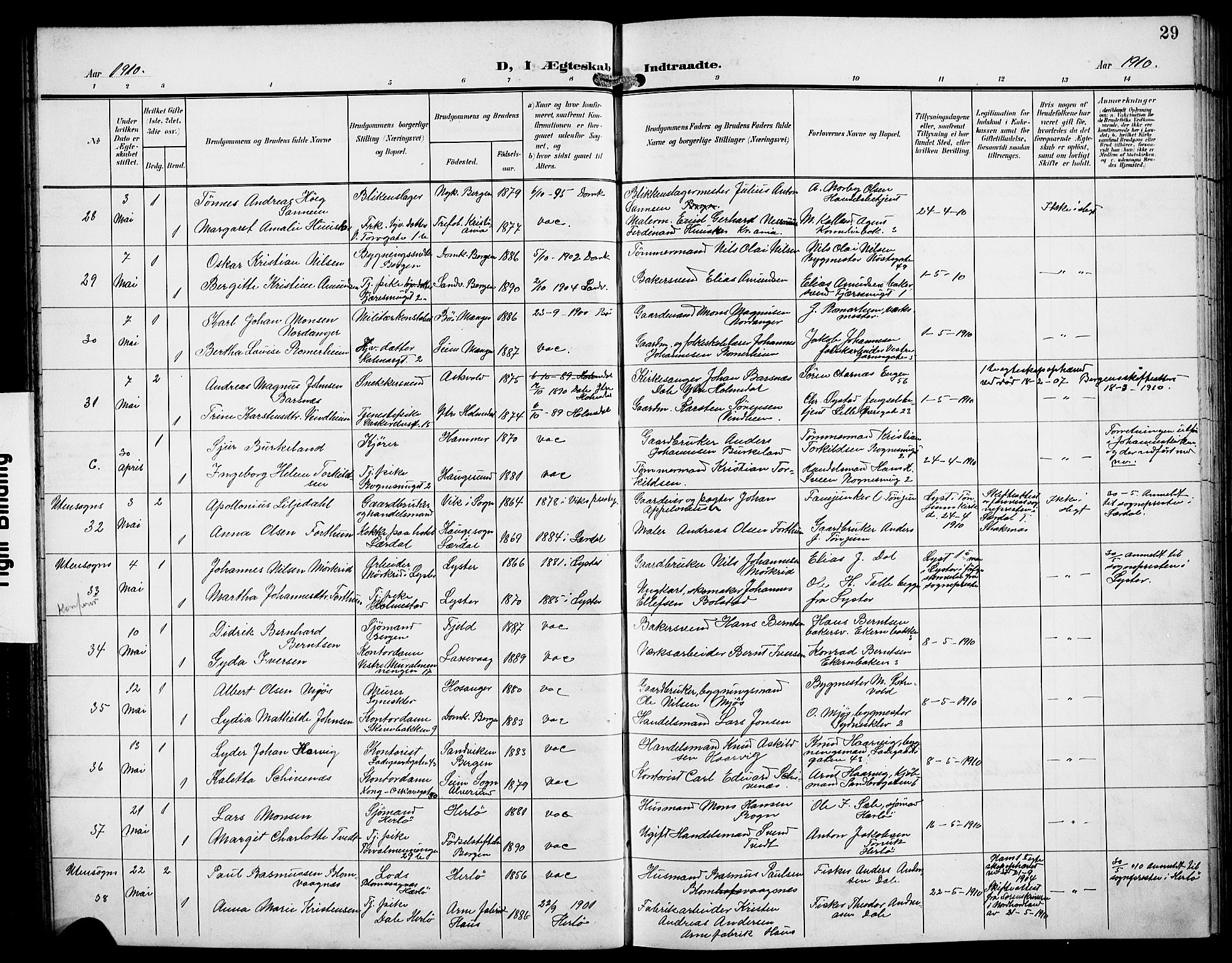 Domkirken sokneprestembete, AV/SAB-A-74801/H/Hab/L0033: Klokkerbok nr. D 5, 1907-1924, s. 29