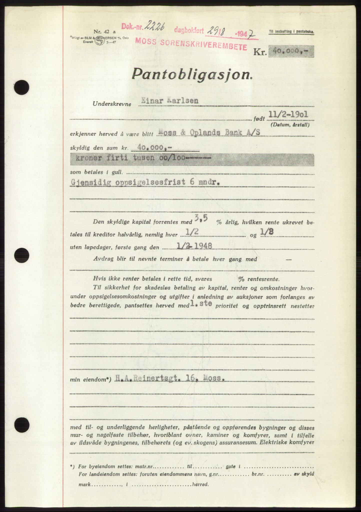 Moss sorenskriveri, SAO/A-10168: Pantebok nr. B17, 1947-1947, Dagboknr: 2226/1947