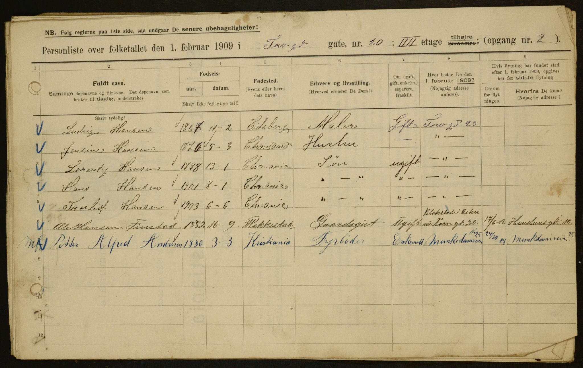 OBA, Kommunal folketelling 1.2.1909 for Kristiania kjøpstad, 1909, s. 103454