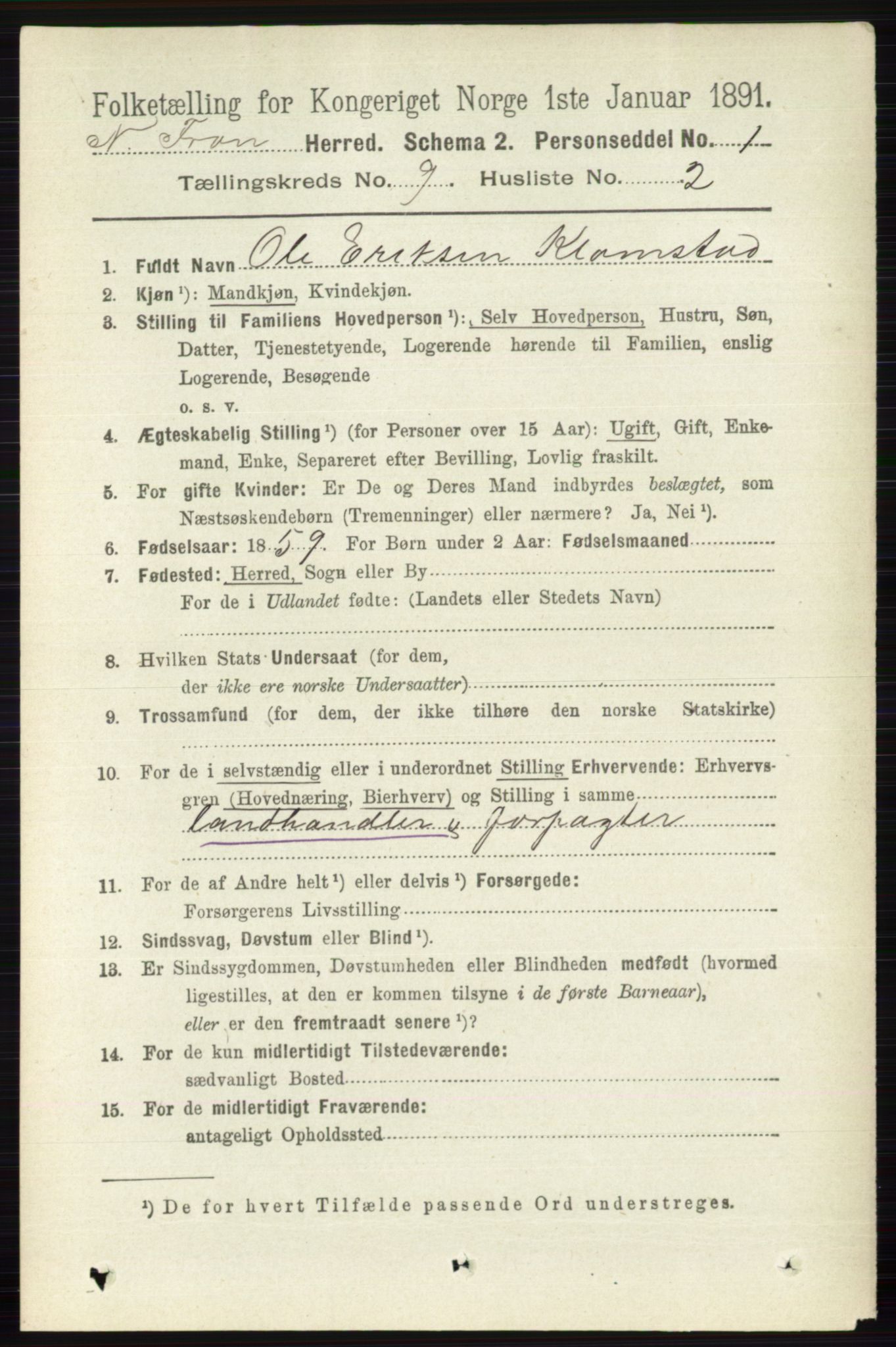 RA, Folketelling 1891 for 0518 Nord-Fron herred, 1891, s. 3718