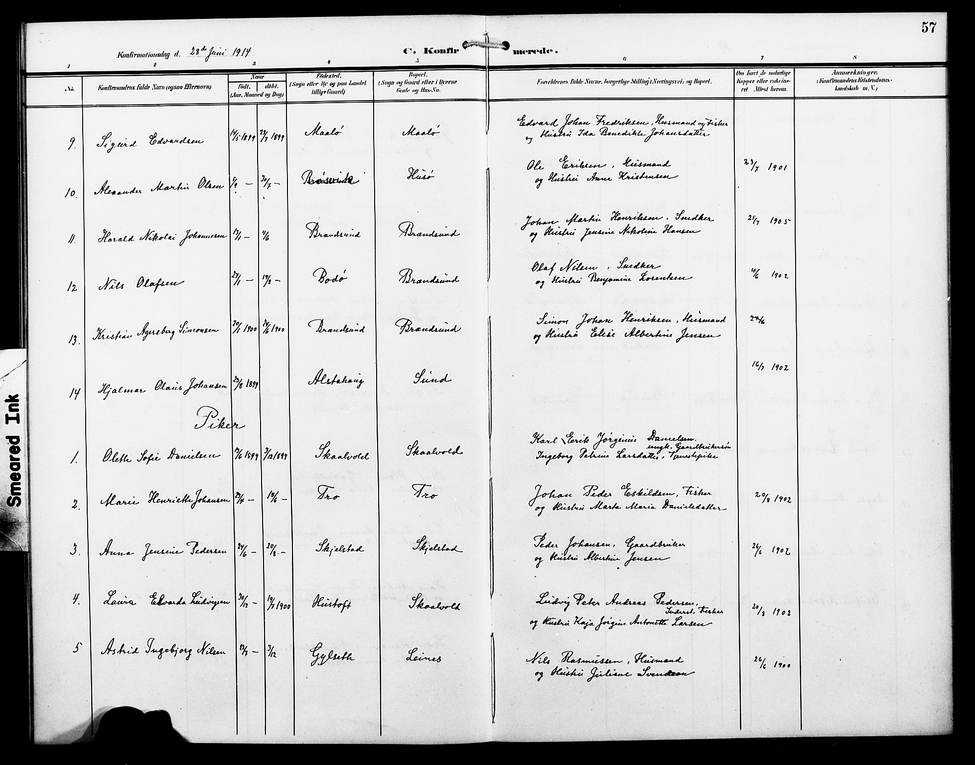 Ministerialprotokoller, klokkerbøker og fødselsregistre - Nordland, AV/SAT-A-1459/857/L0829: Klokkerbok nr. 857C04, 1906-1916, s. 57