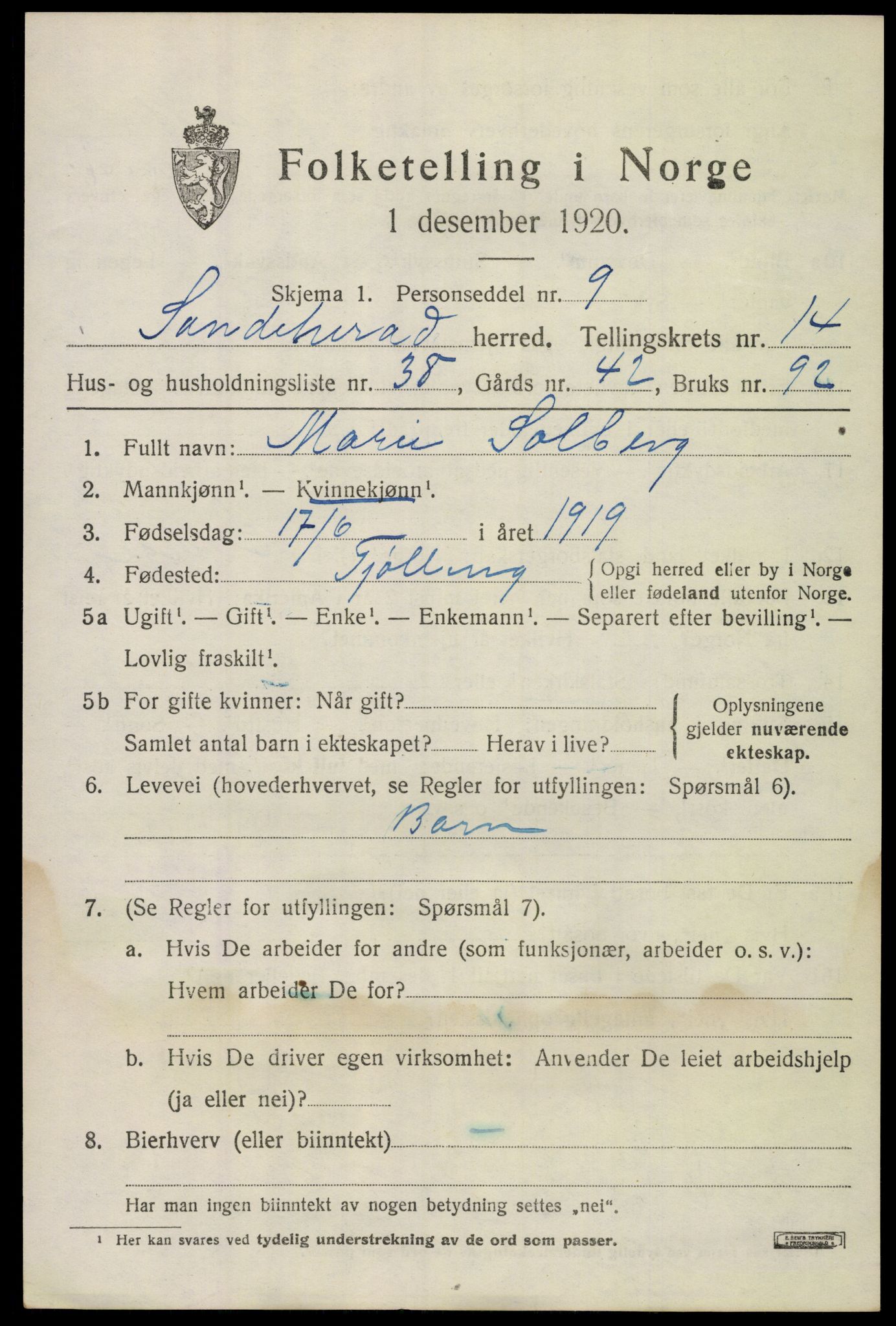 SAKO, Folketelling 1920 for 0724 Sandeherred herred, 1920, s. 20714