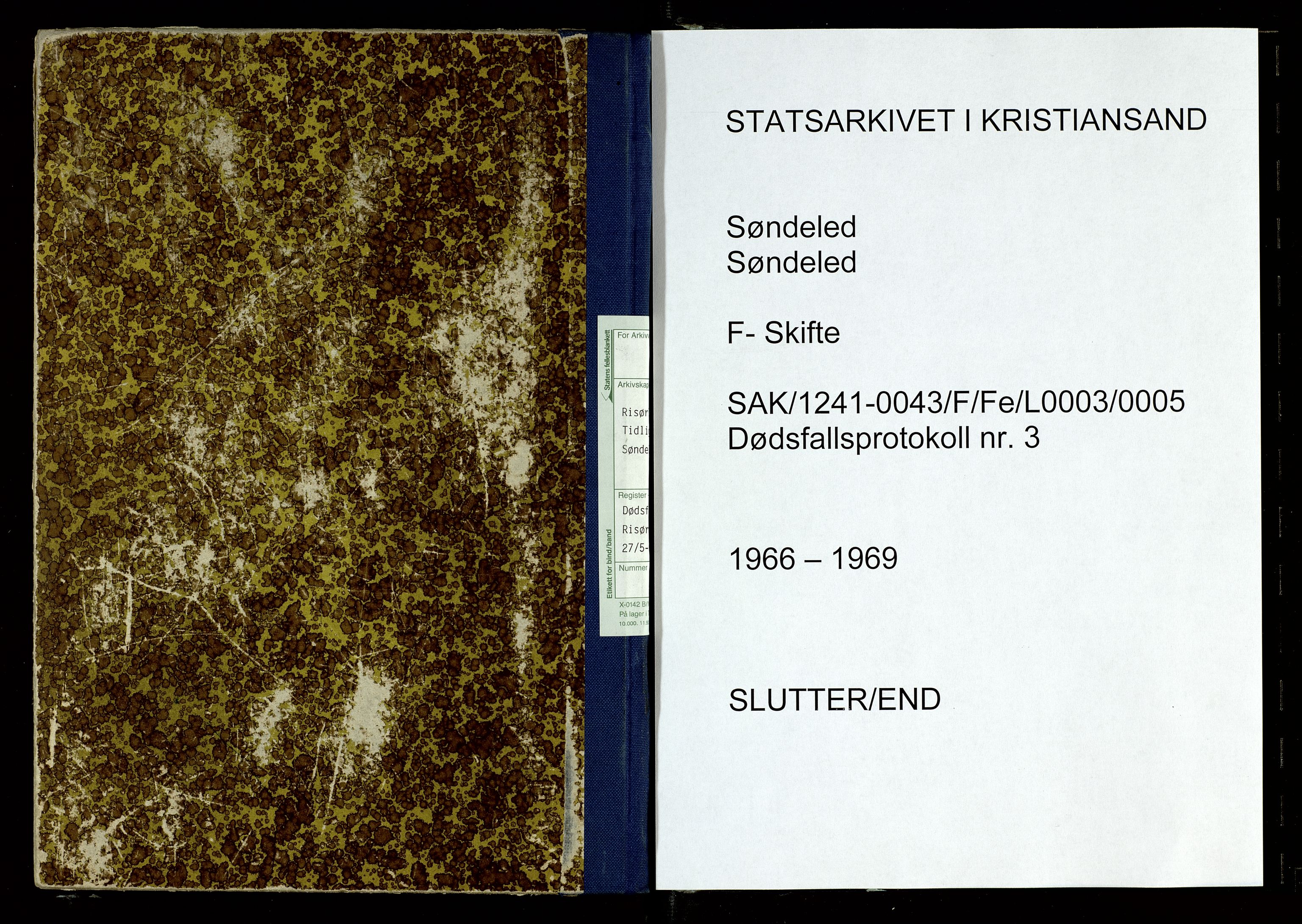 Søndeled lensmannskontor, AV/SAK-1241-0043/F/Fe/L0003/0005: Dødsfallsprotokoller / Dødsfallsprotokoll Risør med register, 1966-1969