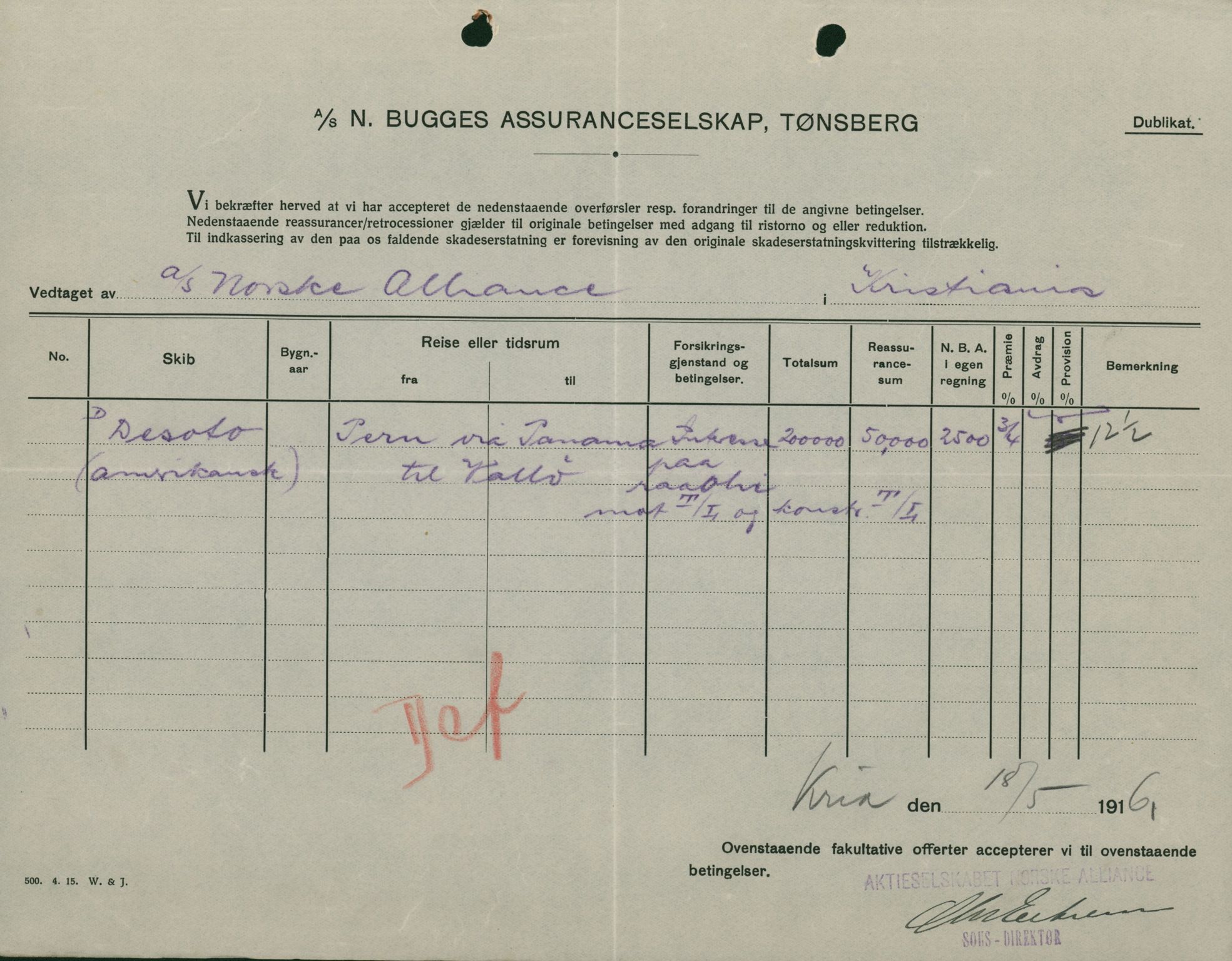 Pa 664 - Tønsberg Sjøforsikringsselskap, VEMU/A-1773/F/L0001: Forsikringspoliser, 1915-1918