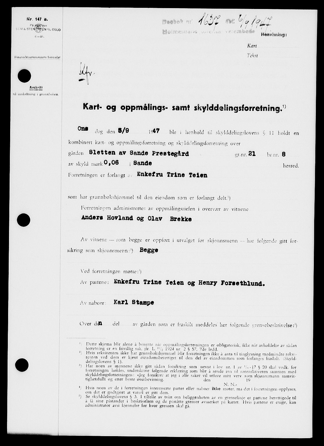 Holmestrand sorenskriveri, SAKO/A-67/G/Ga/Gaa/L0062: Pantebok nr. A-62, 1947-1947, Dagboknr: 1637/1947