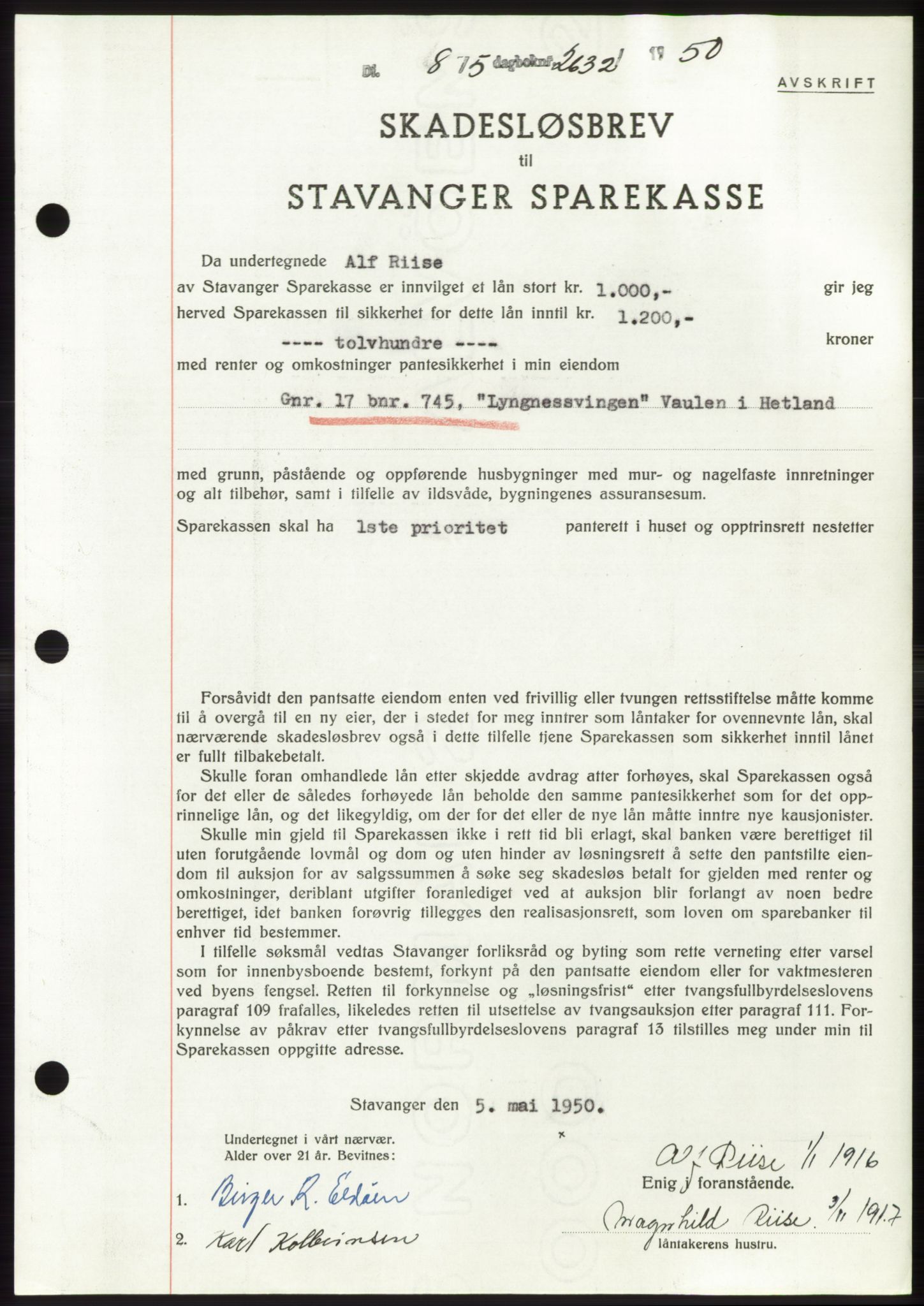 Jæren sorenskriveri, SAST/A-100310/03/G/Gba/L0107: Pantebok, 1950-1950, Dagboknr: 2632/1950