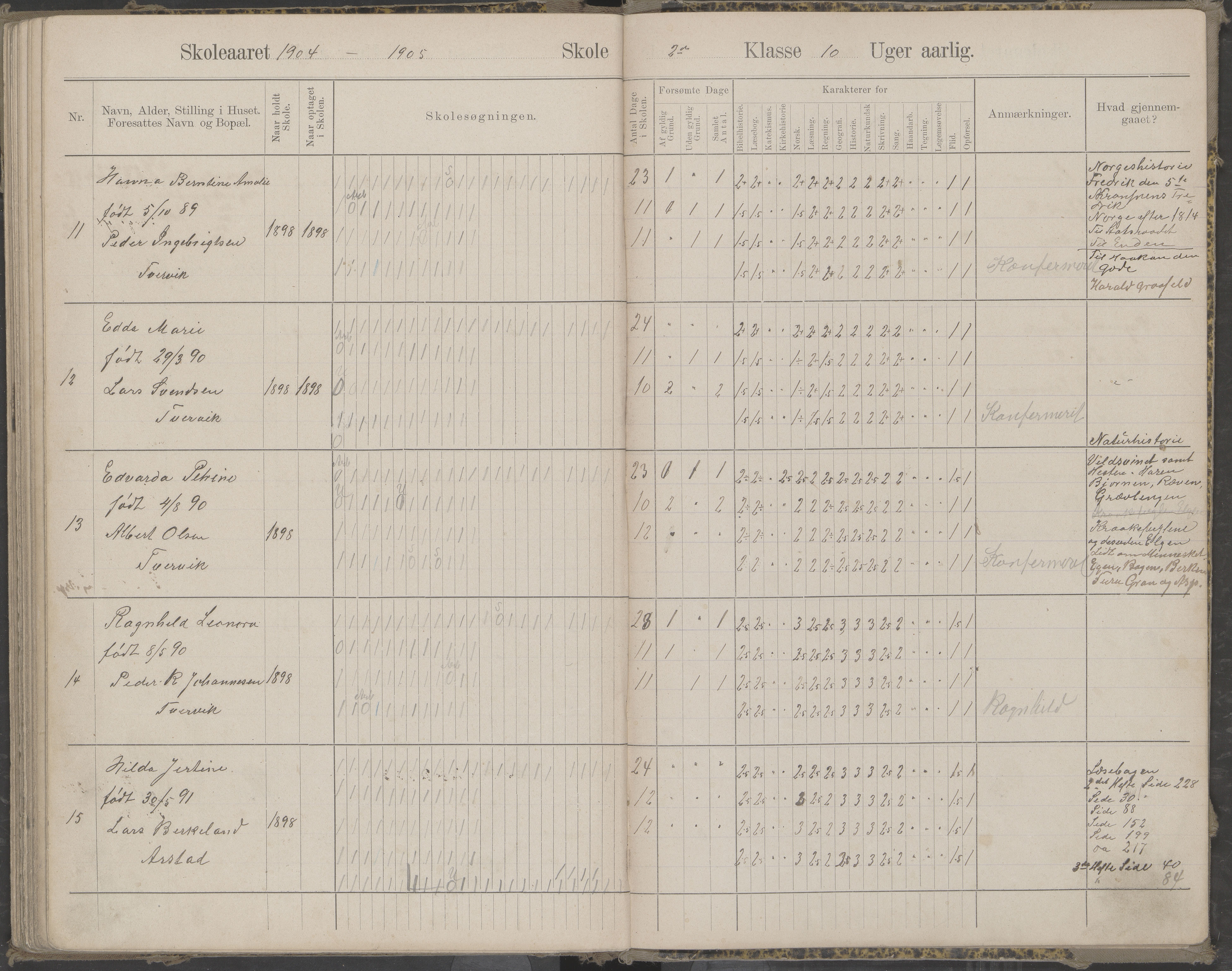 Beiarn kommune. Arstad skolekrets, AIN/K-18390.510.01/442/L0004: Karakter/oversiktsprotokoll, 1893-1905