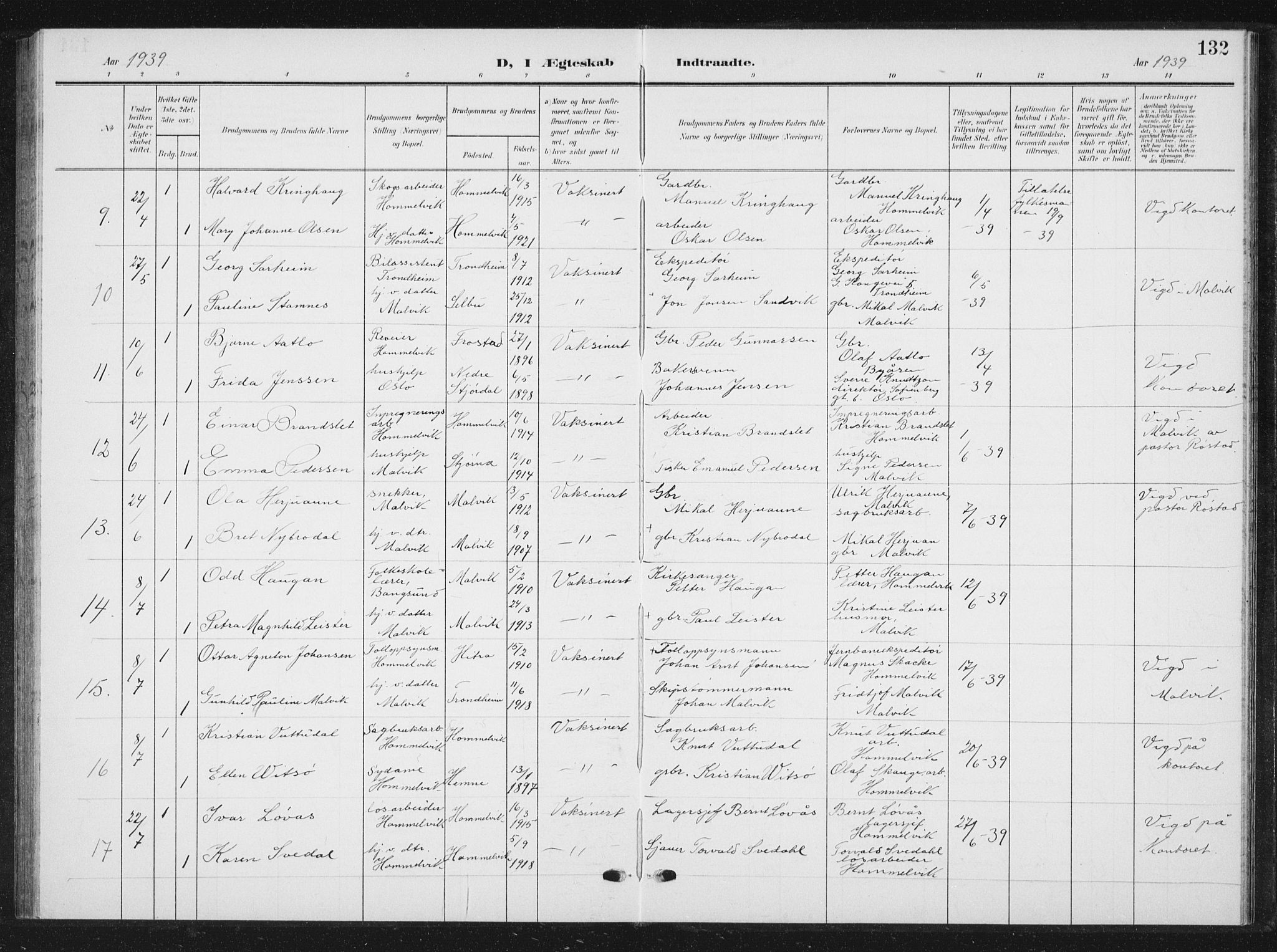 Ministerialprotokoller, klokkerbøker og fødselsregistre - Sør-Trøndelag, AV/SAT-A-1456/616/L0424: Klokkerbok nr. 616C07, 1904-1940, s. 132