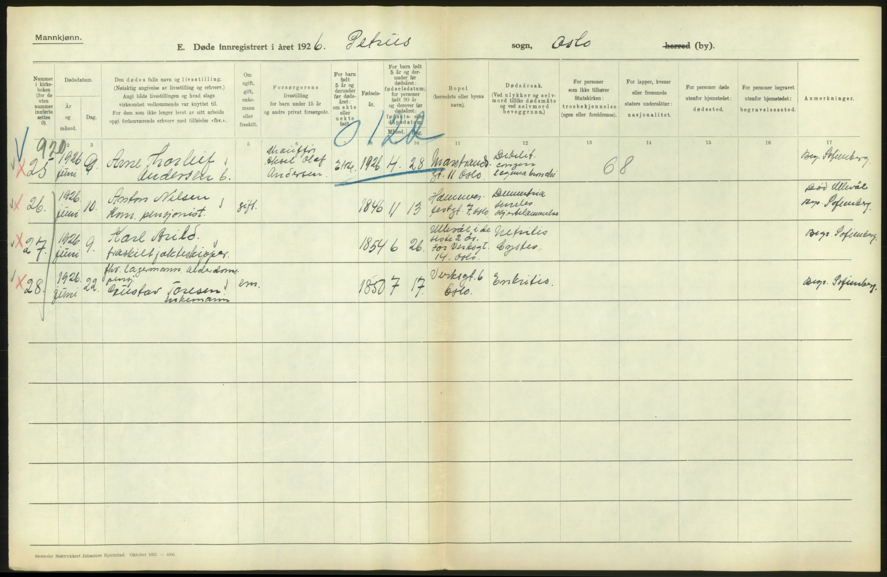 Statistisk sentralbyrå, Sosiodemografiske emner, Befolkning, AV/RA-S-2228/D/Df/Dfc/Dfcf/L0009: Oslo: Døde menn, 1926, s. 276