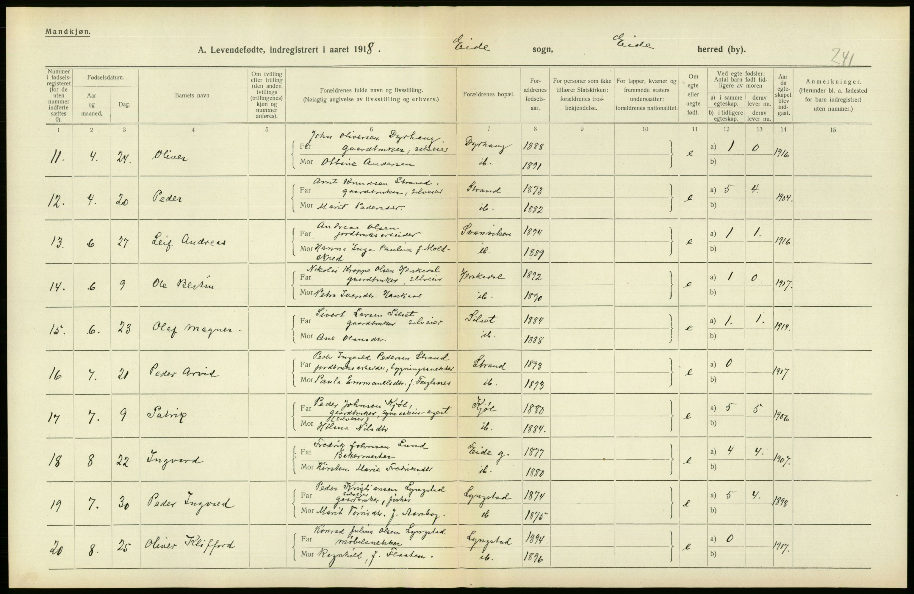 Statistisk sentralbyrå, Sosiodemografiske emner, Befolkning, RA/S-2228/D/Df/Dfb/Dfbh/L0043: Møre fylke: Levendefødte menn og kvinner. Bygder., 1918, s. 414