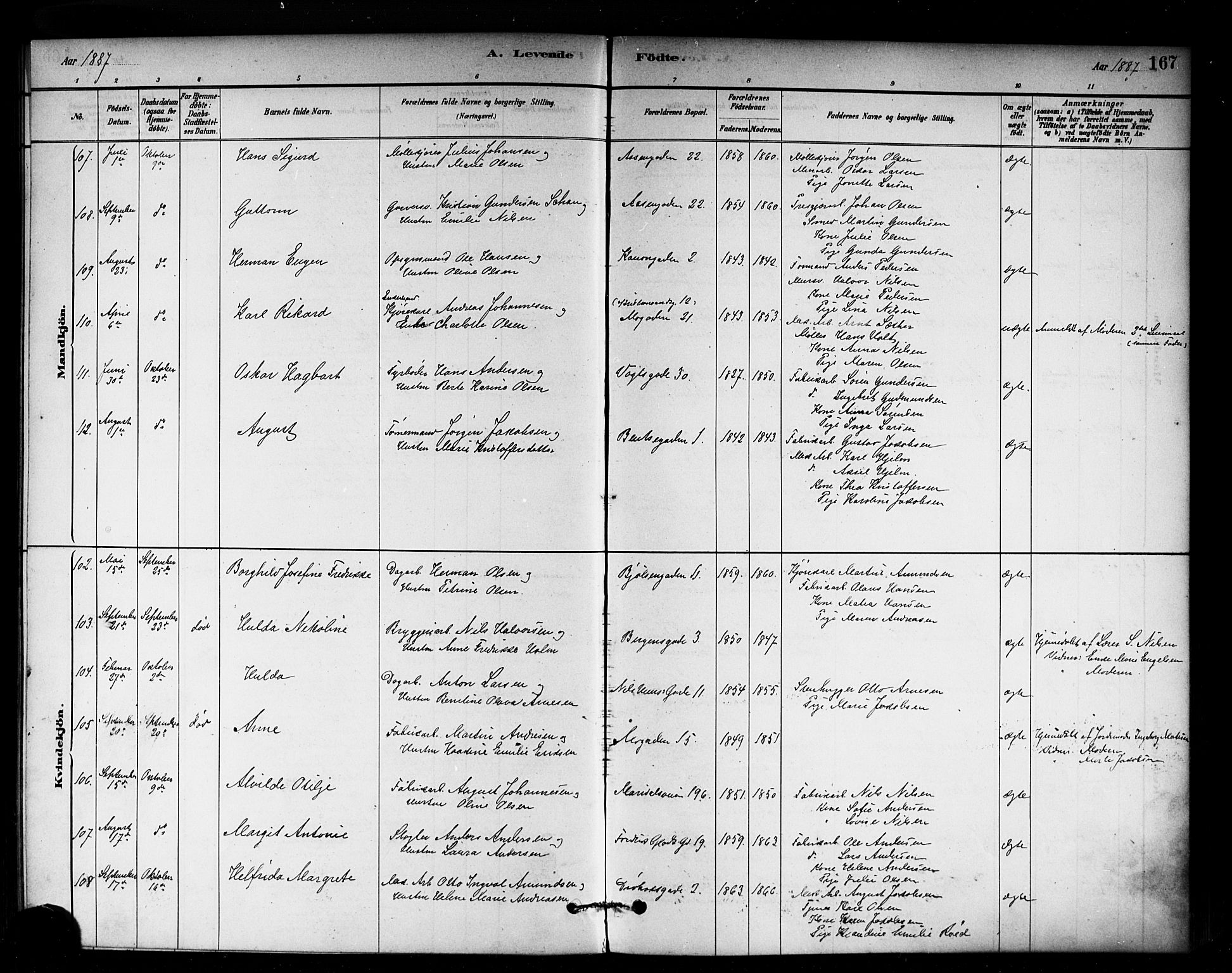 Sagene prestekontor Kirkebøker, AV/SAO-A-10796/G/L0001: Klokkerbok nr. 1, 1880-1891, s. 167