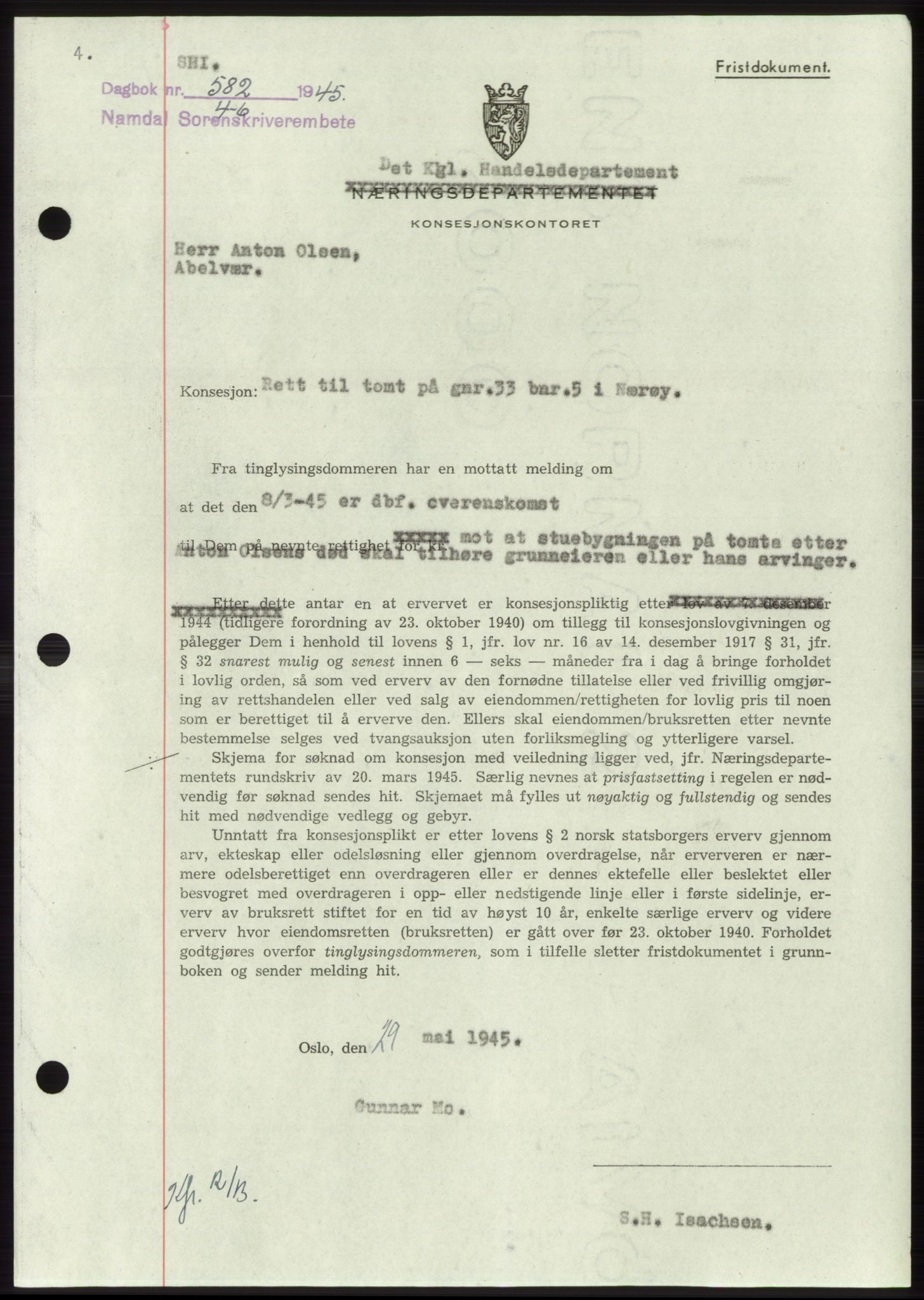 Namdal sorenskriveri, SAT/A-4133/1/2/2C: Pantebok nr. -, 1944-1945, Dagboknr: 582/1945