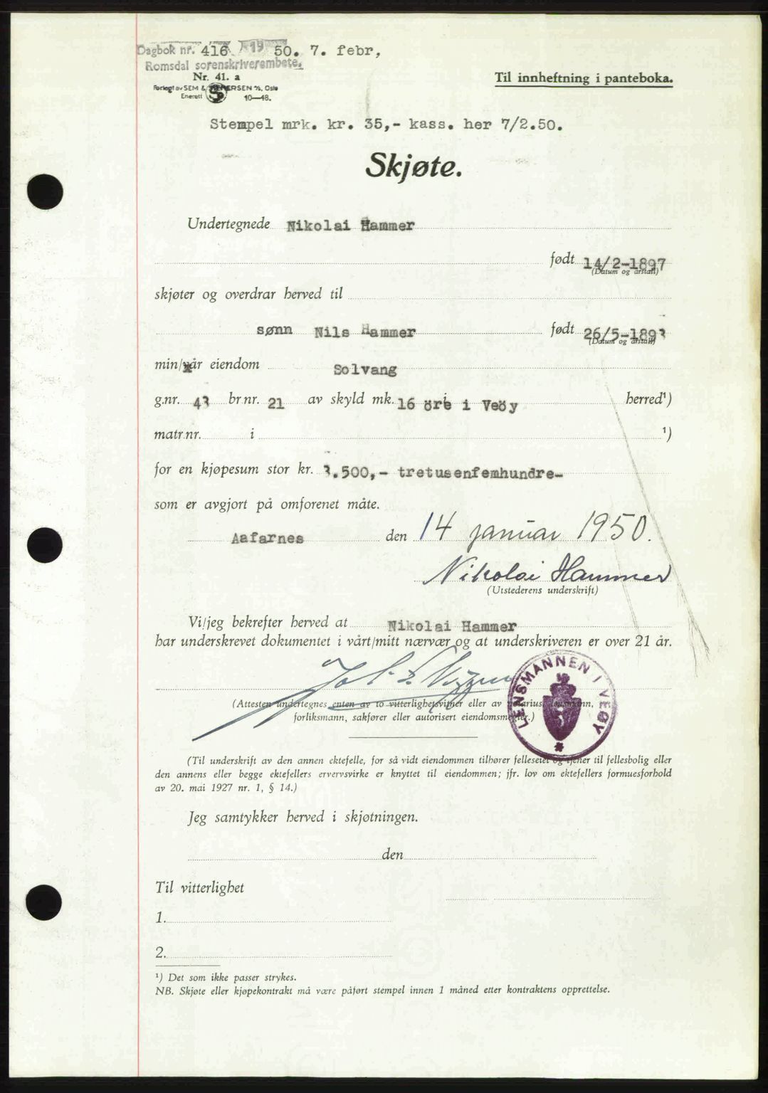 Romsdal sorenskriveri, SAT/A-4149/1/2/2C: Pantebok nr. A32, 1950-1950, Dagboknr: 416/1950