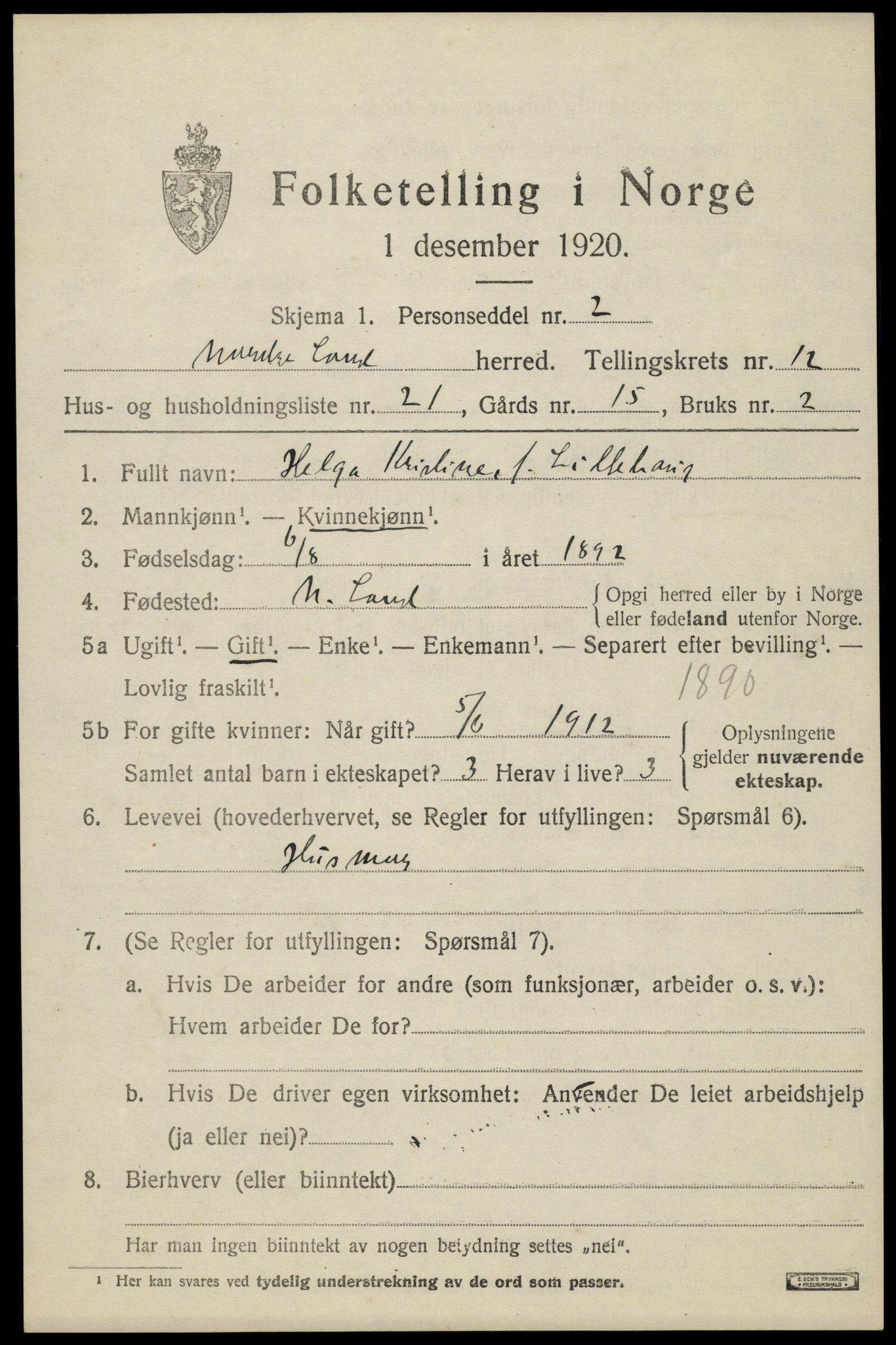 SAH, Folketelling 1920 for 0538 Nordre Land herred, 1920, s. 6094