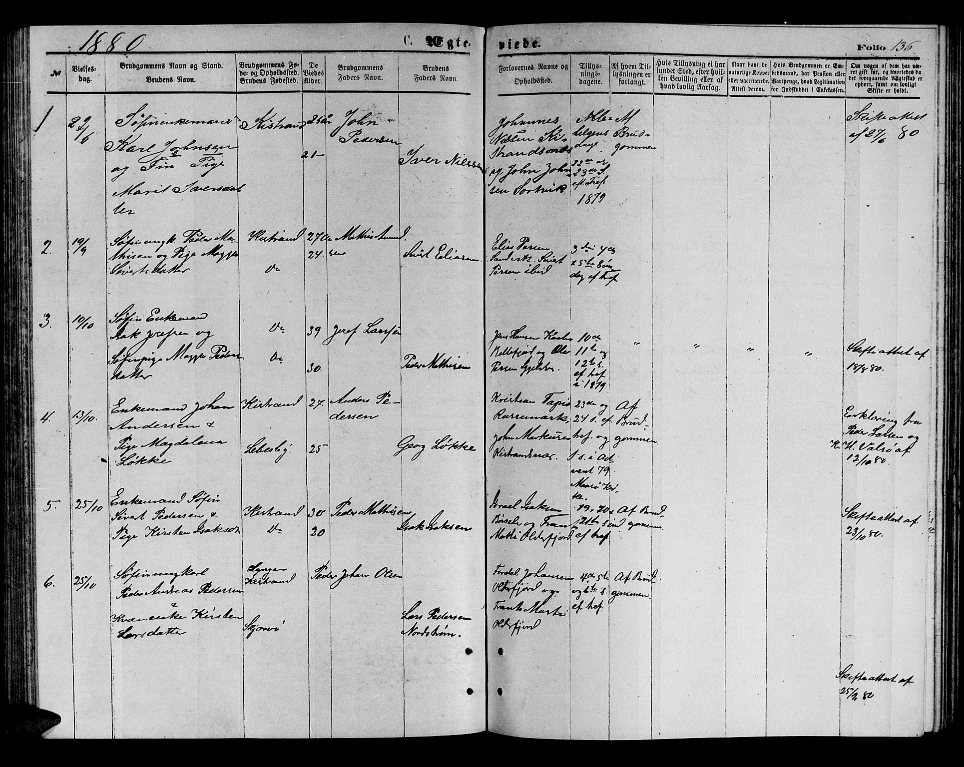 Kistrand/Porsanger sokneprestembete, AV/SATØ-S-1351/H/Hb/L0003.klokk: Klokkerbok nr. 3, 1874-1885, s. 136