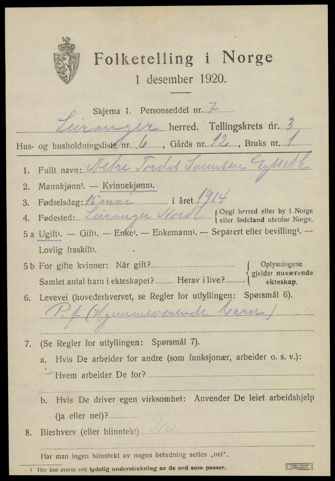SAT, Folketelling 1920 for 1847 Leiranger herred, 1920, s. 1371