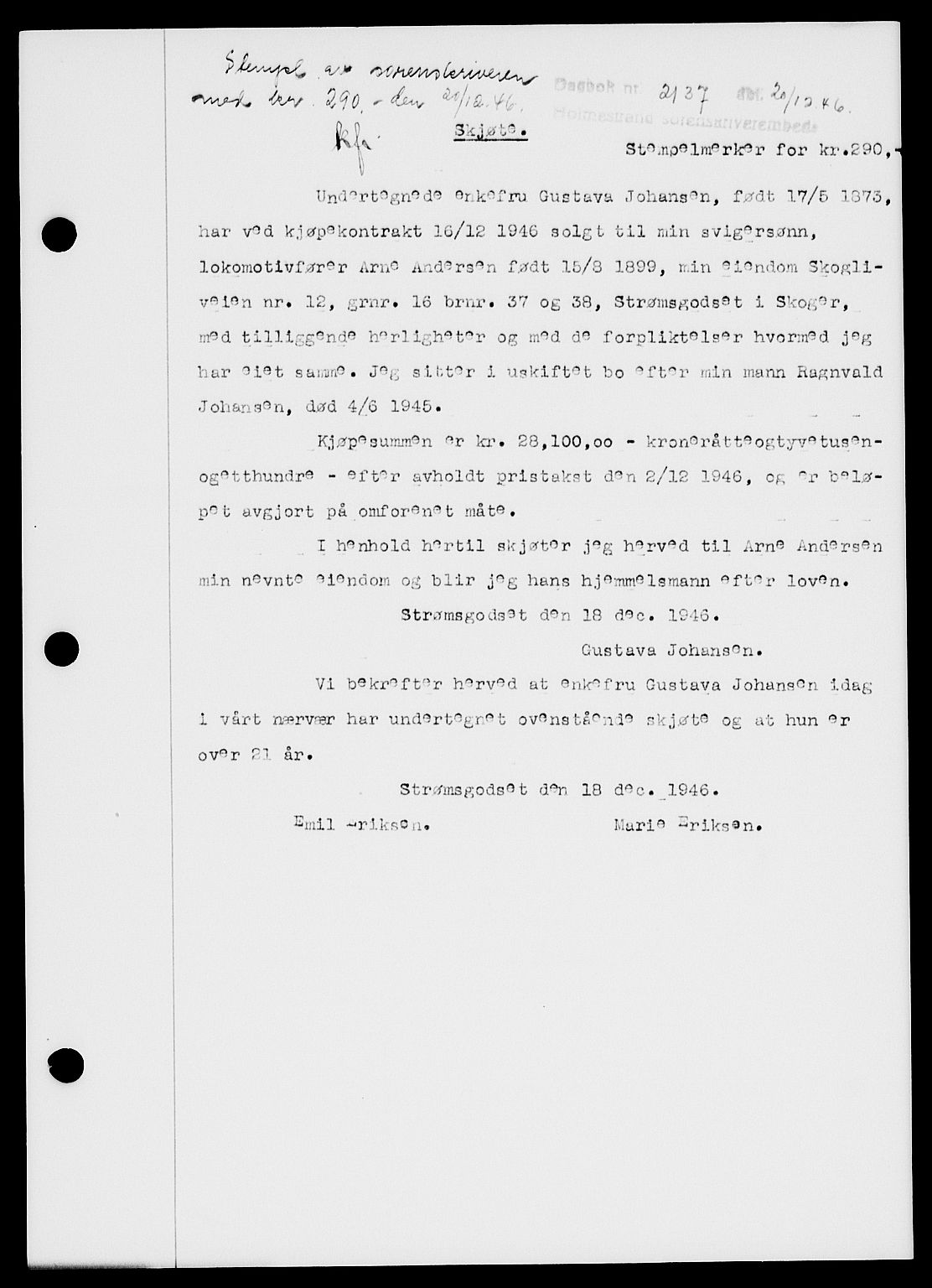 Holmestrand sorenskriveri, SAKO/A-67/G/Ga/Gaa/L0061: Pantebok nr. A-61, 1946-1947, Dagboknr: 2137/1946