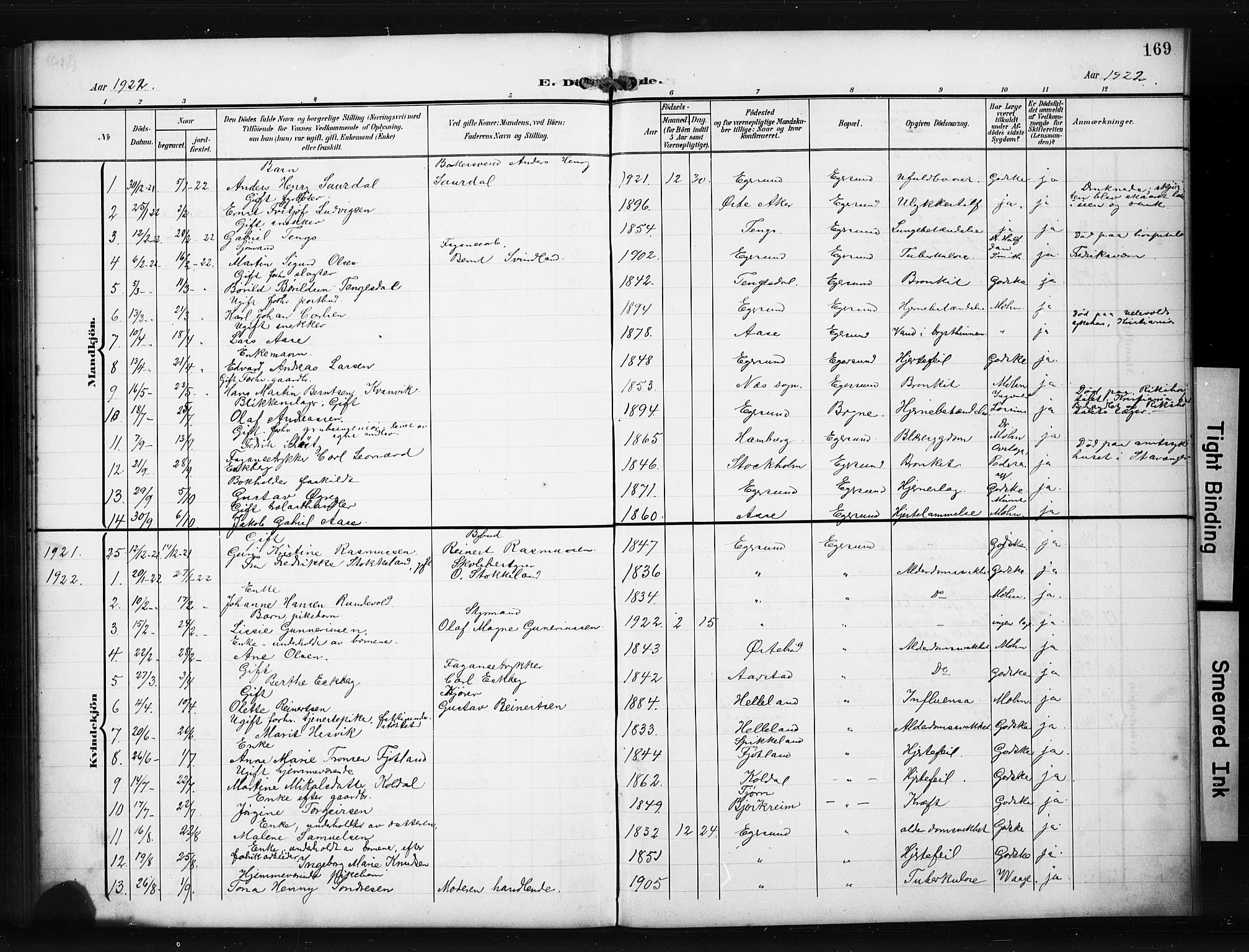 Eigersund sokneprestkontor, AV/SAST-A-101807/S09/L0012: Klokkerbok nr. B 12, 1908-1930, s. 169