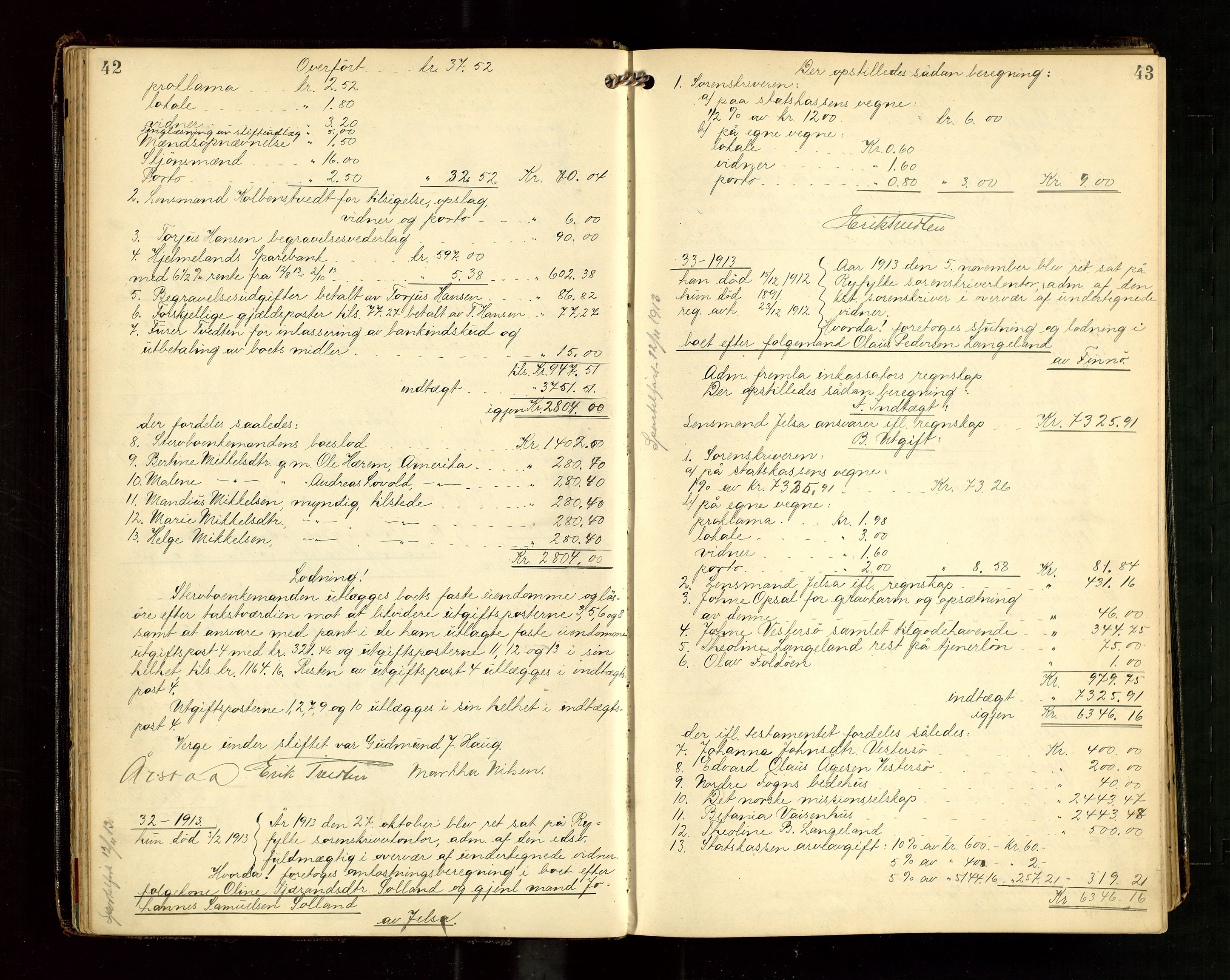 Ryfylke tingrett, AV/SAST-A-100055/001/IV/IVG/L0004: Skifteutlodningsprotokoll Med register, 1912-1918, s. 42-43