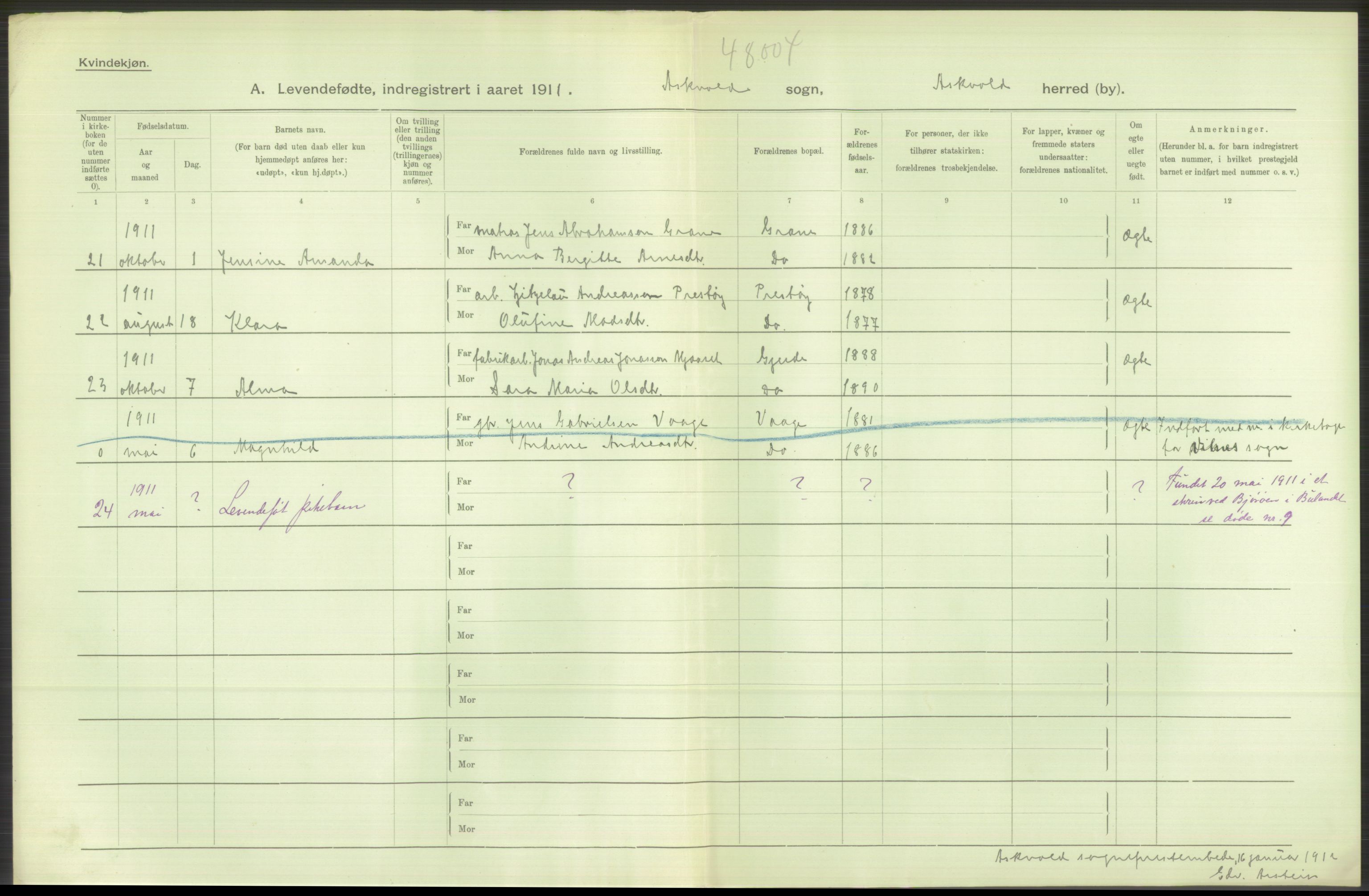 Statistisk sentralbyrå, Sosiodemografiske emner, Befolkning, RA/S-2228/D/Df/Dfb/Dfba/L0033: N. Bergenhus amt:  Levendefødte menn og kvinner. Bygder., 1911, s. 534