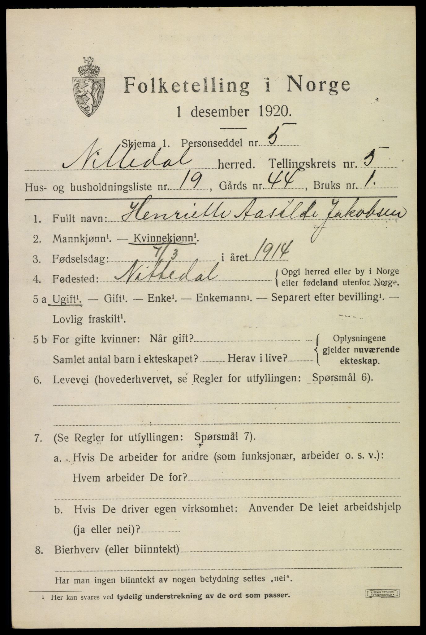 SAO, Folketelling 1920 for 0233 Nittedal herred, 1920, s. 6696